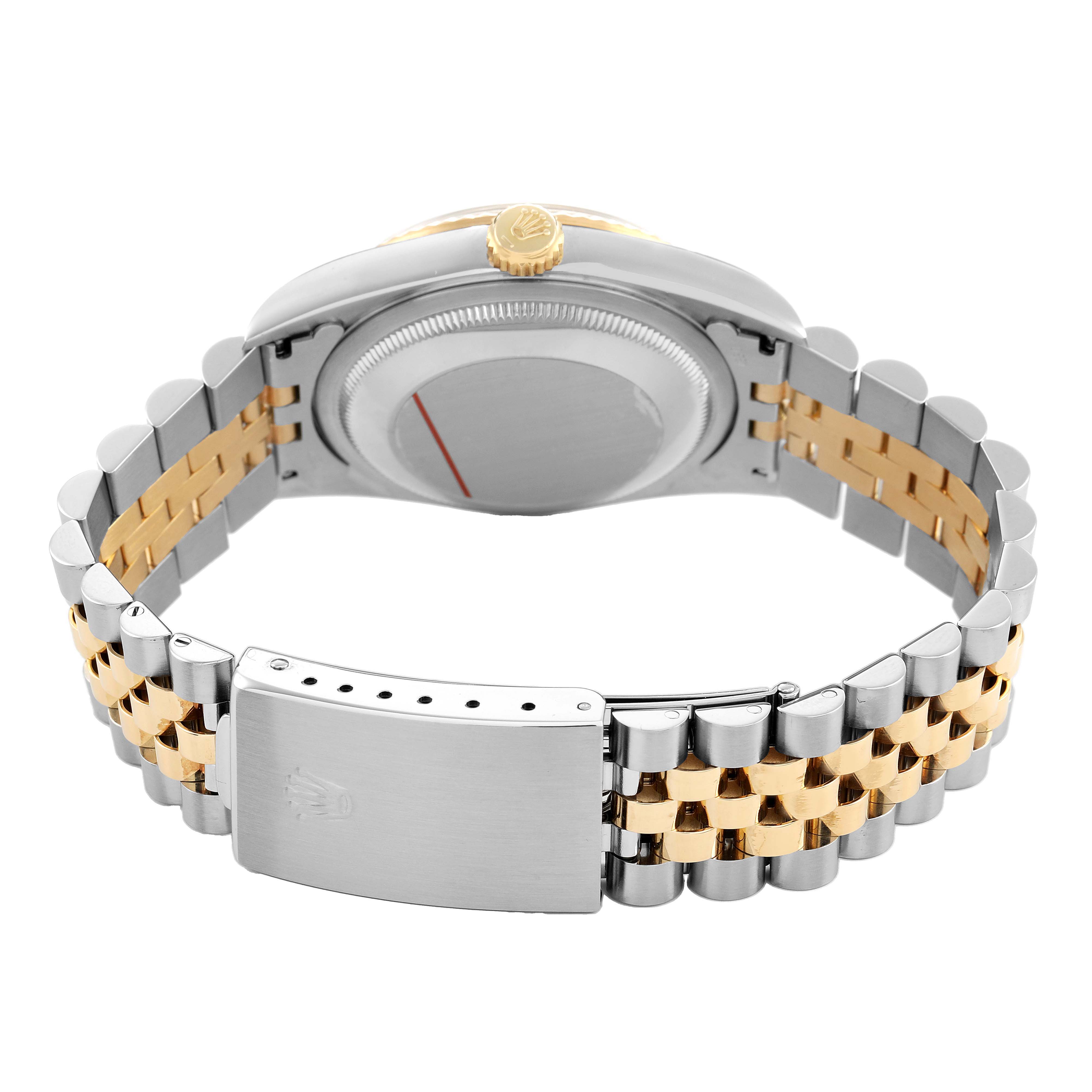 The Rolex Datejust 16233 Men's Steel and Gold (two tone) Champagne Dial watch is shown from the back, displaying the case back, crown, and two-tone bracelet with clasp.