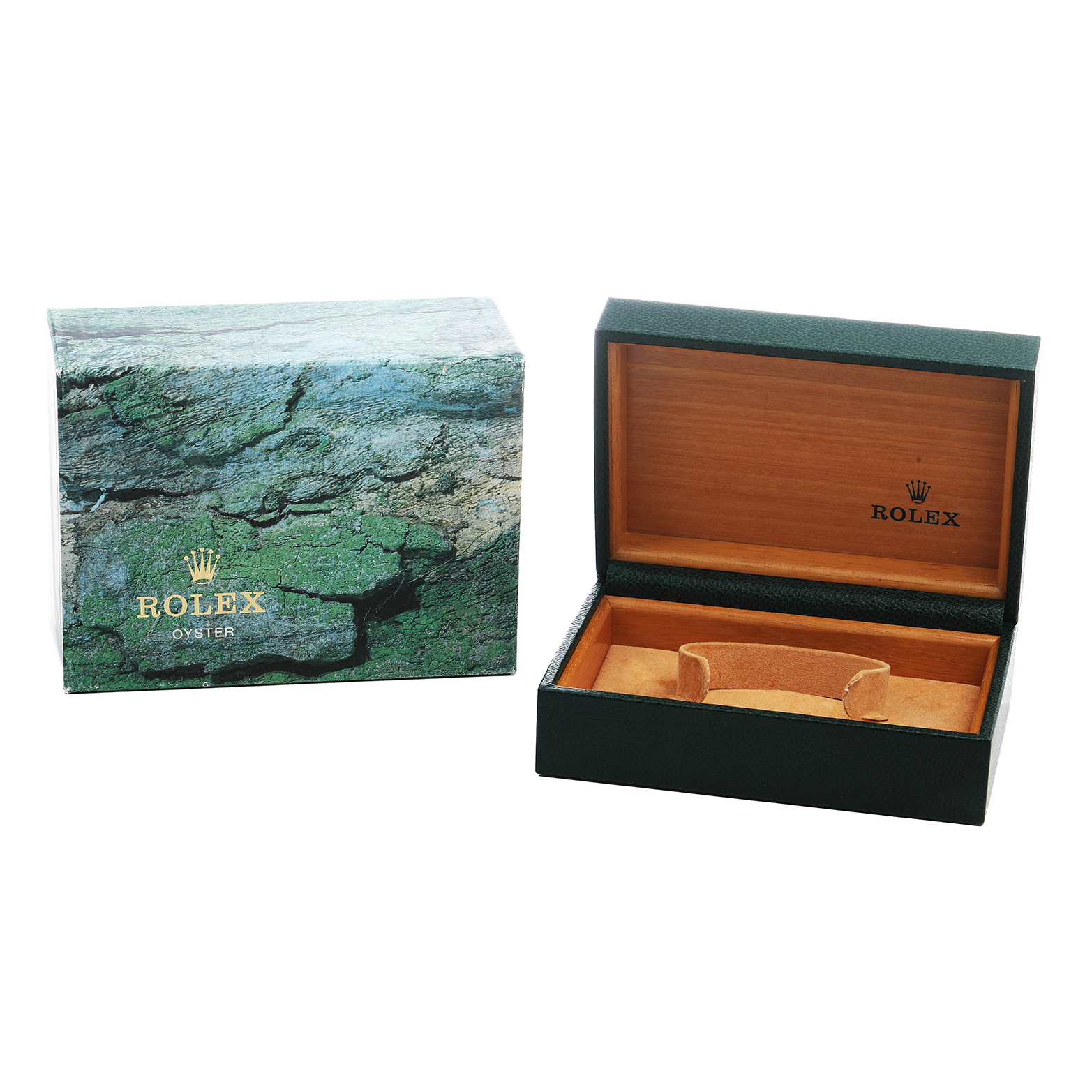 The image shows a partially opened Rolex Datejust 16233 Men's Steel and Gold (two tone) Champagne Dial box and its outer packaging from a front angle.