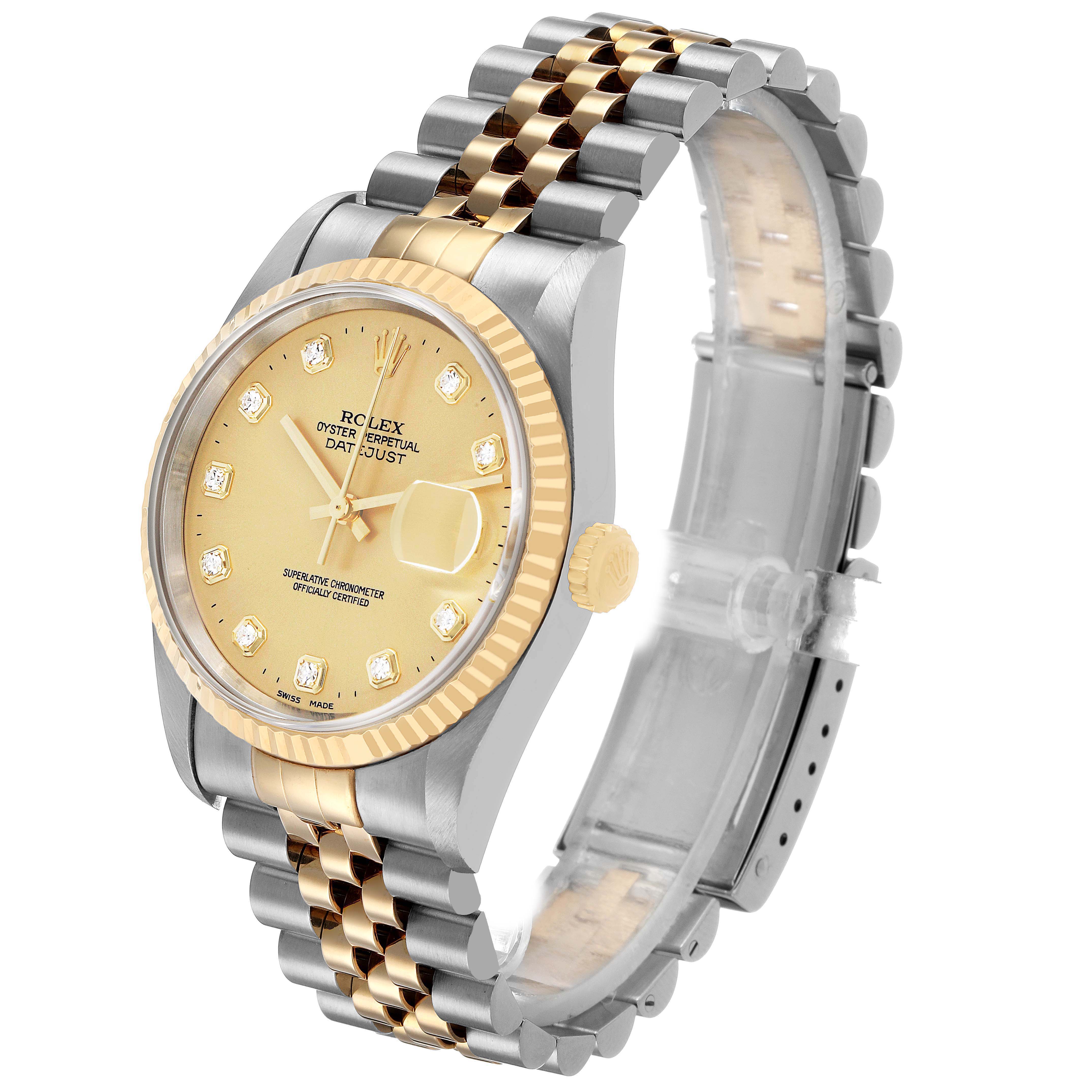 The Rolex Datejust 16233 Men's Steel and Gold (two tone) Champagne Dial watch is shown from an angled view, highlighting the two-tone bracelet, fluted bezel, and face with diamond markers.