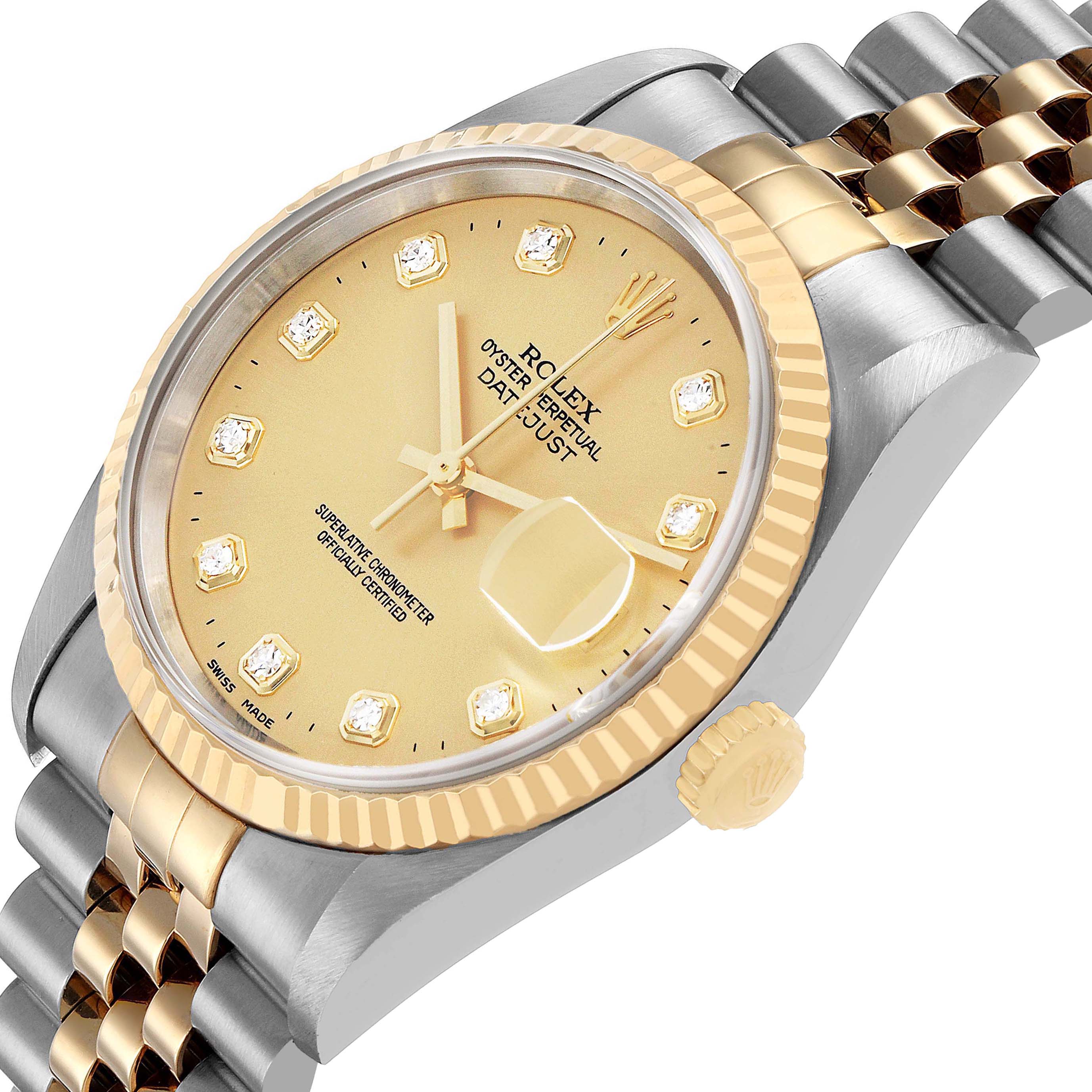The Rolex Datejust 16233 Men's Steel and Gold (two tone) Champagne Dial watch is shown at a slight angle, highlighting the dial, bezel, crown, and bracelet.