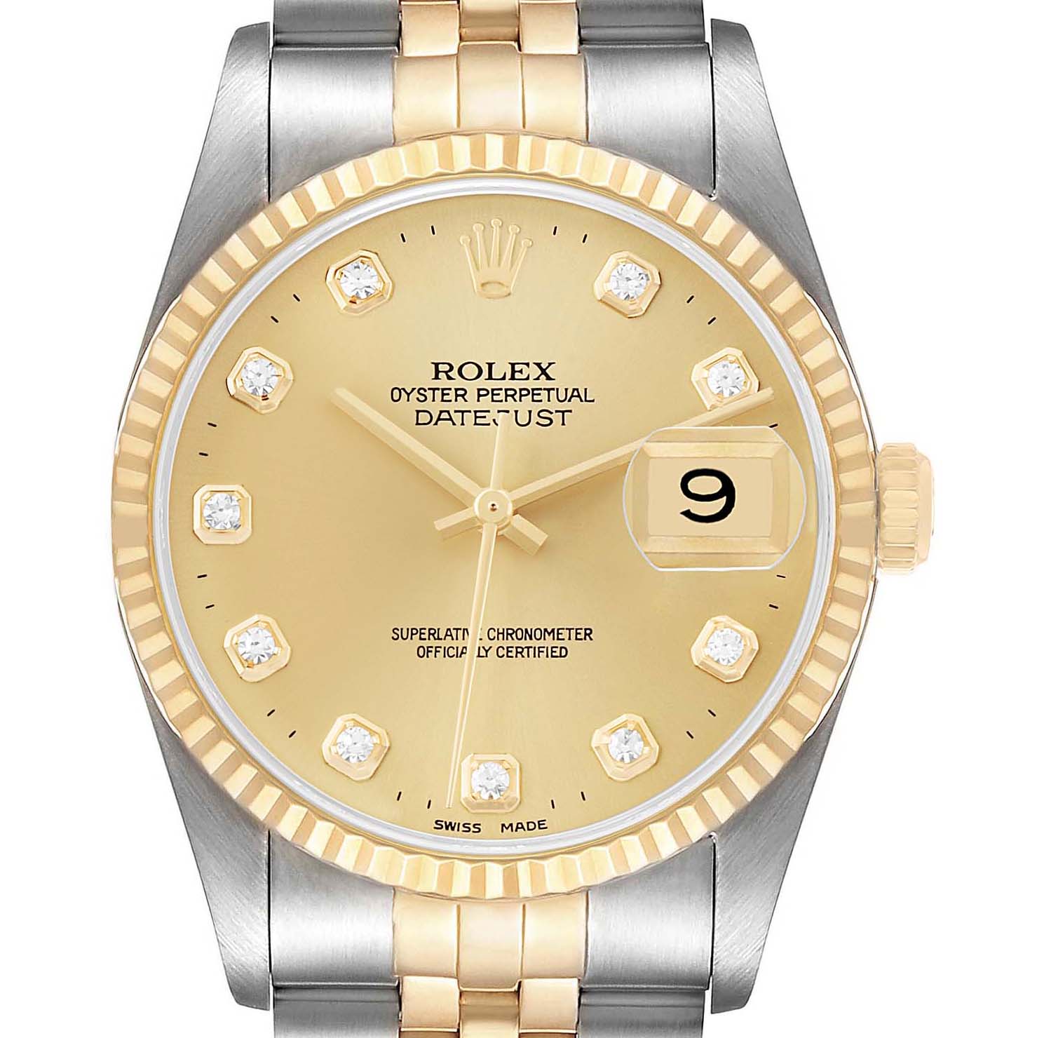 The Rolex Datejust 16233 Men's Steel and Gold (two tone) Champagne Dial watch is shown from the front, highlighting the face, bezel, crown, and part of the bracelet.