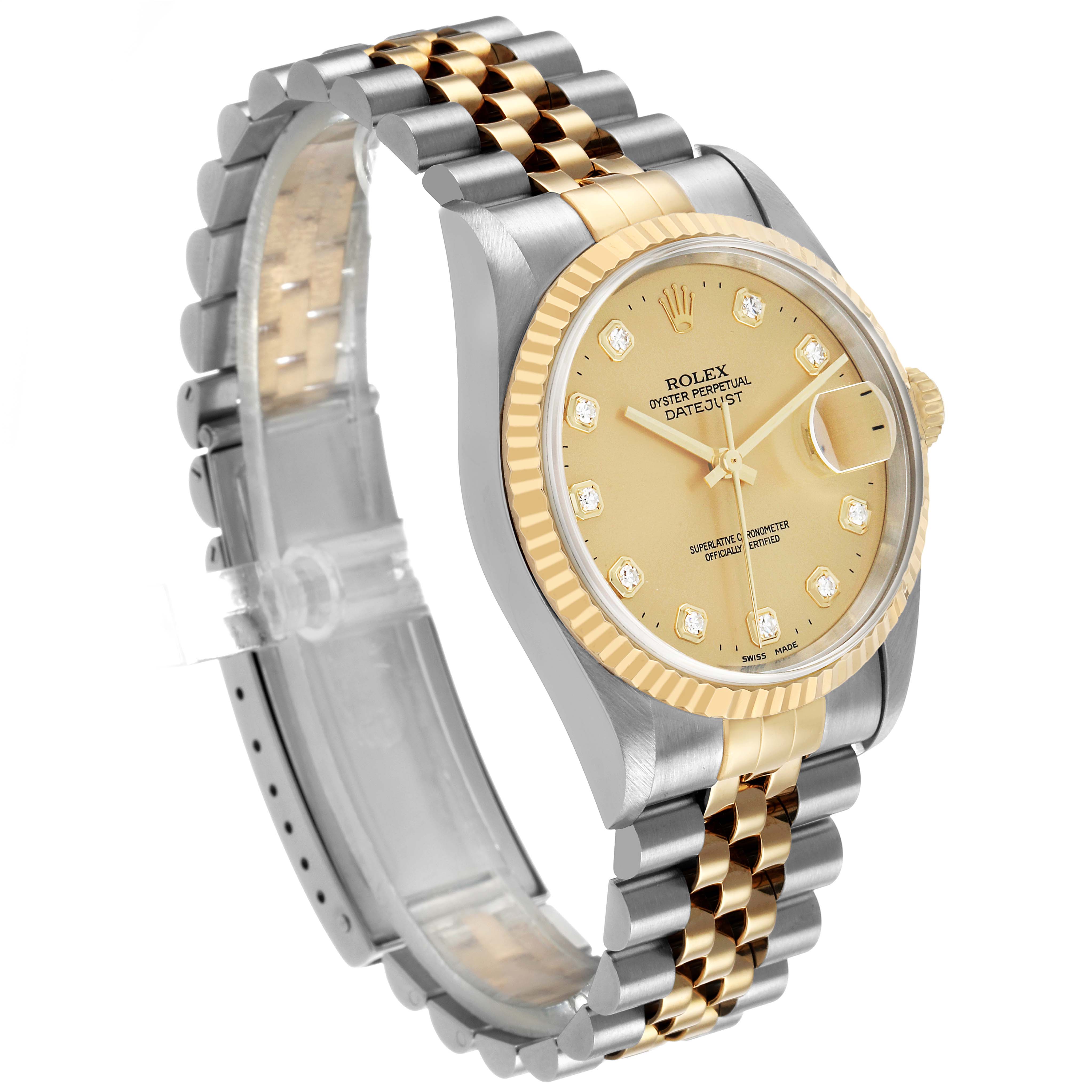 The Rolex Datejust 16233 Men's Steel and Gold (two tone) Champagne Dial watch is shown at a three-quarter angle, highlighting its gold dial, fluted bezel, and Jubilee bracelet.
