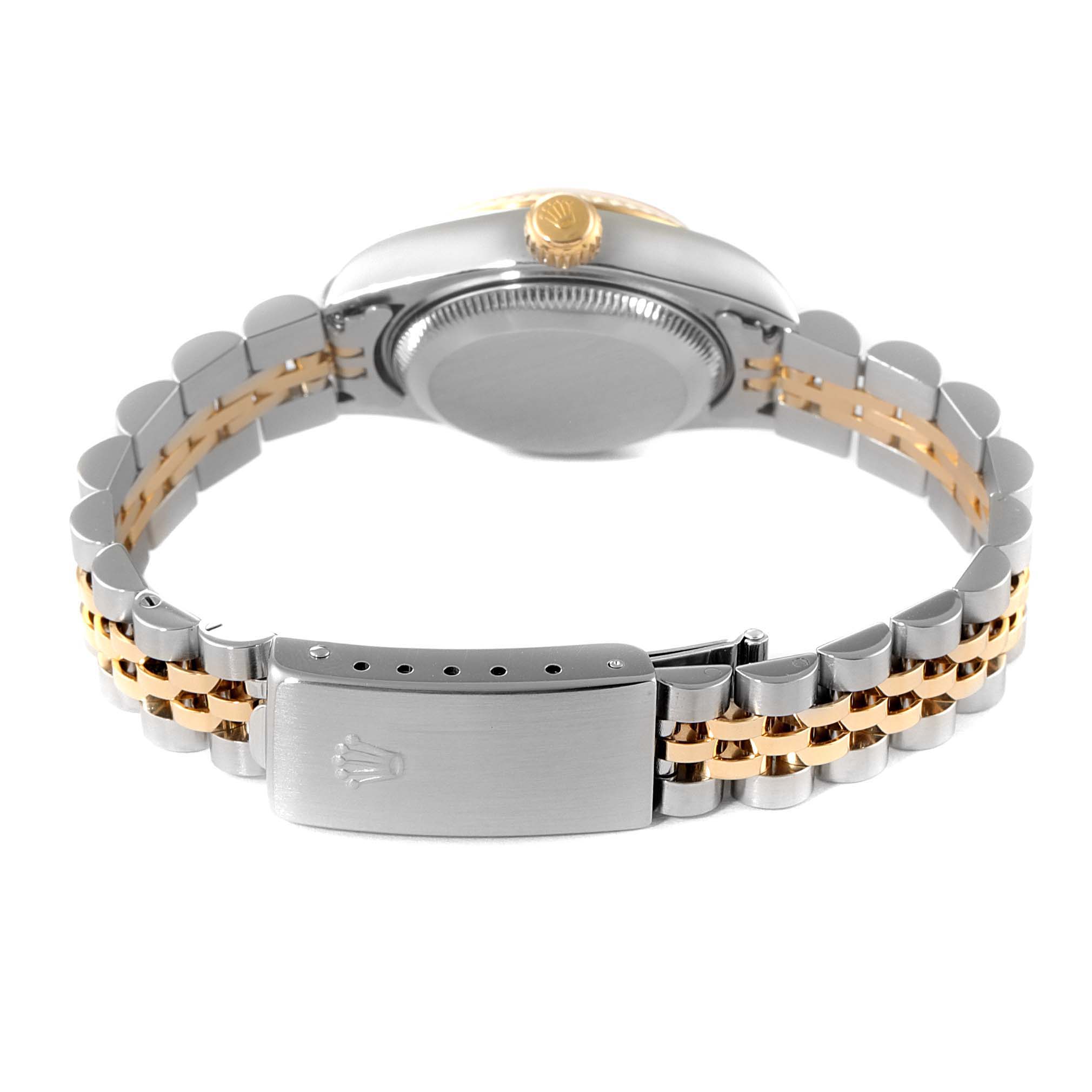 The image shows the back view of a Rolex Datejust 79173 Women
s Steel and Gold (two tone) Champagne Dial 79173 Women
s Steel and Gold (two tone) Champagne Dial watch, highlighting the bracelet and clasp.