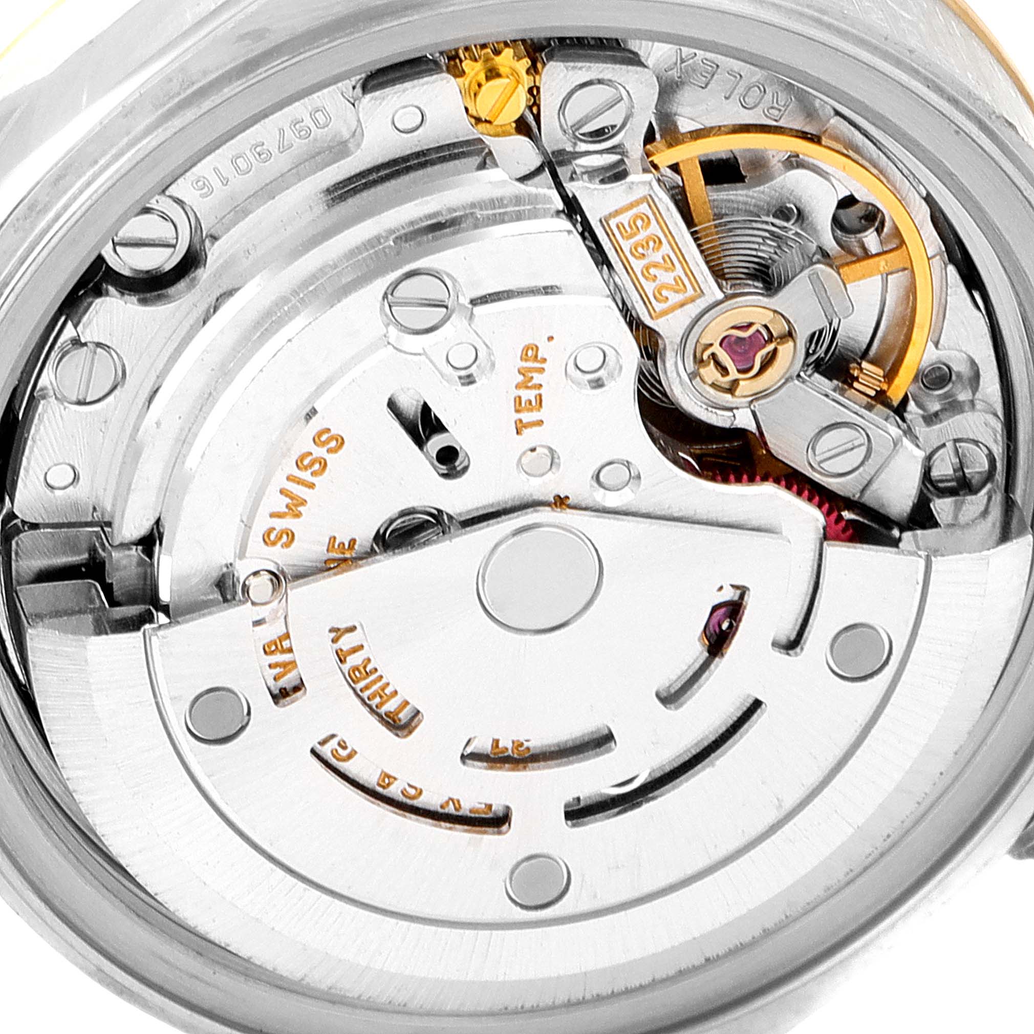 This image shows a close-up view of the Rolex Datejust 79173 Women
s Steel and Gold (two tone) Champagne Dial 79173 Women
s Steel and Gold (two tone) Champagne Dial movement, highlighting the inner mechanical components.