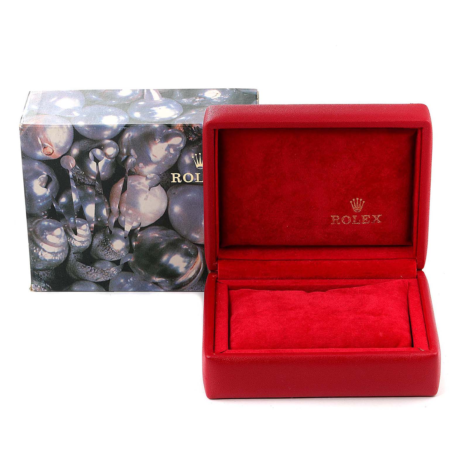 This image shows an open red watch box and an outer packaging box for a Rolex Datejust 79173 Women
s Steel and Gold (two tone) Champagne Dial 79173 Women
s Steel and Gold (two tone) Champagne Dial model.