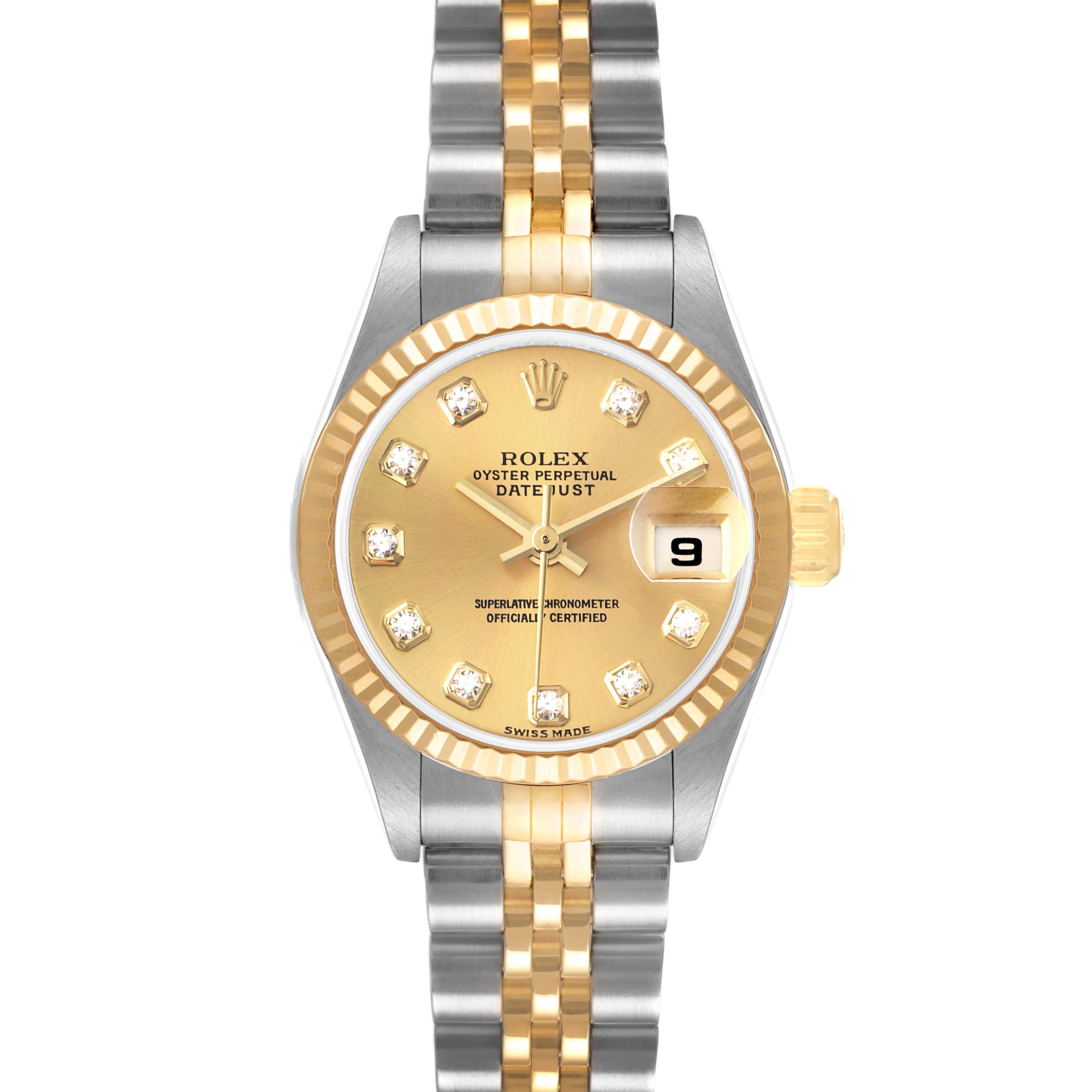 The Rolex Datejust 79173 Women
s Steel and Gold (two tone) Champagne Dial 79173 Women
s Steel and Gold (two tone) Champagne Dial watch is shown from the front, displaying the dial, bezel, bracelet, and crown.