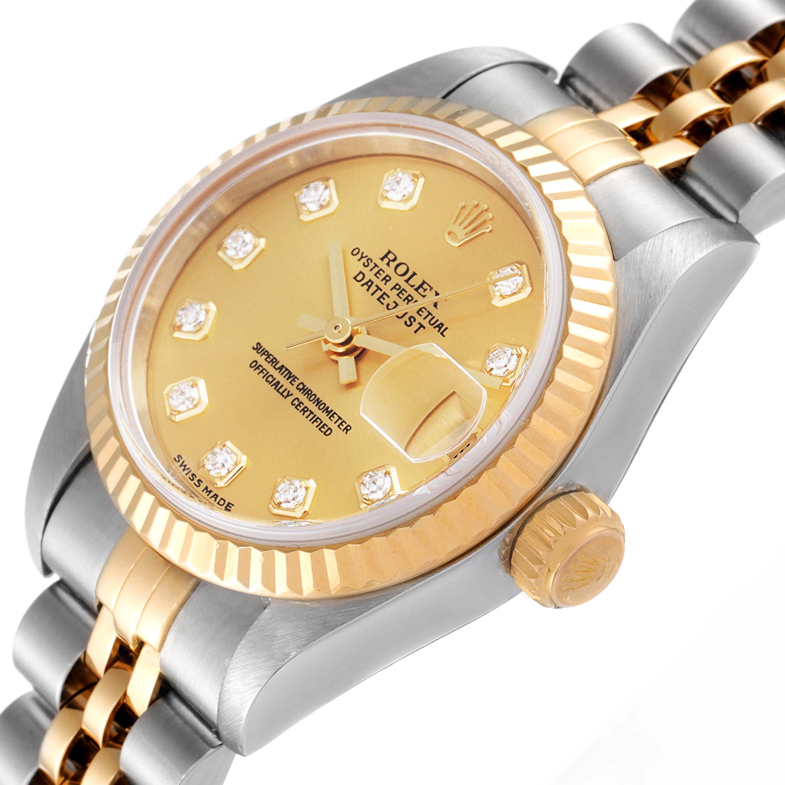 The image shows a close-up angle of the Rolex Datejust 79173 Women
s Steel and Gold (two tone) Champagne Dial 79173 Women
s Steel and Gold (two tone) Champagne Dial, featuring the dial, bezel, crown, and part of the bracelet.