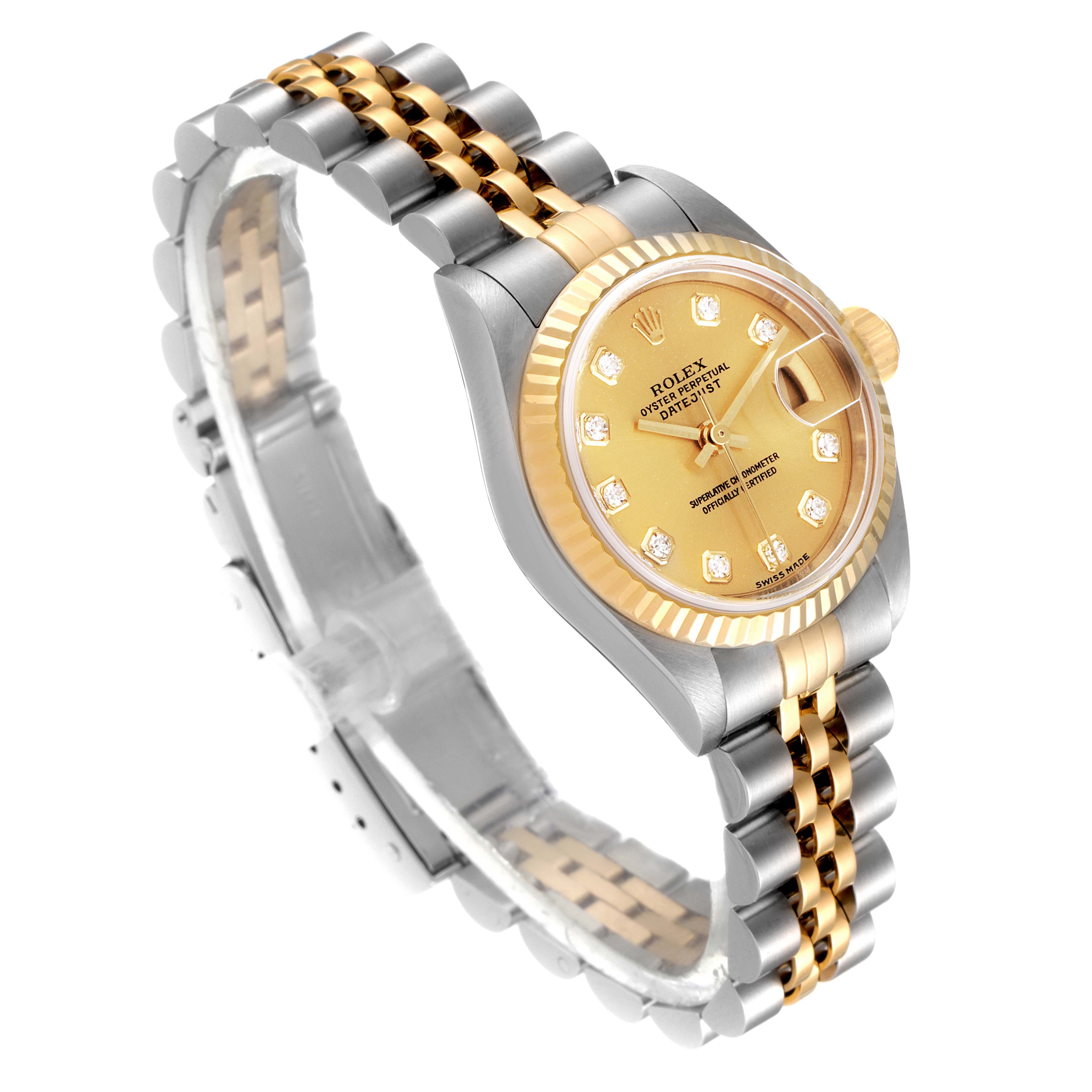 The Rolex Datejust 79173 Women
s Steel and Gold (two tone) Champagne Dial 79173 Women
s Steel and Gold (two tone) Champagne Dial watch is shown at an angled side view, highlighting the dial, bezel, case, and two-tone bracelet.