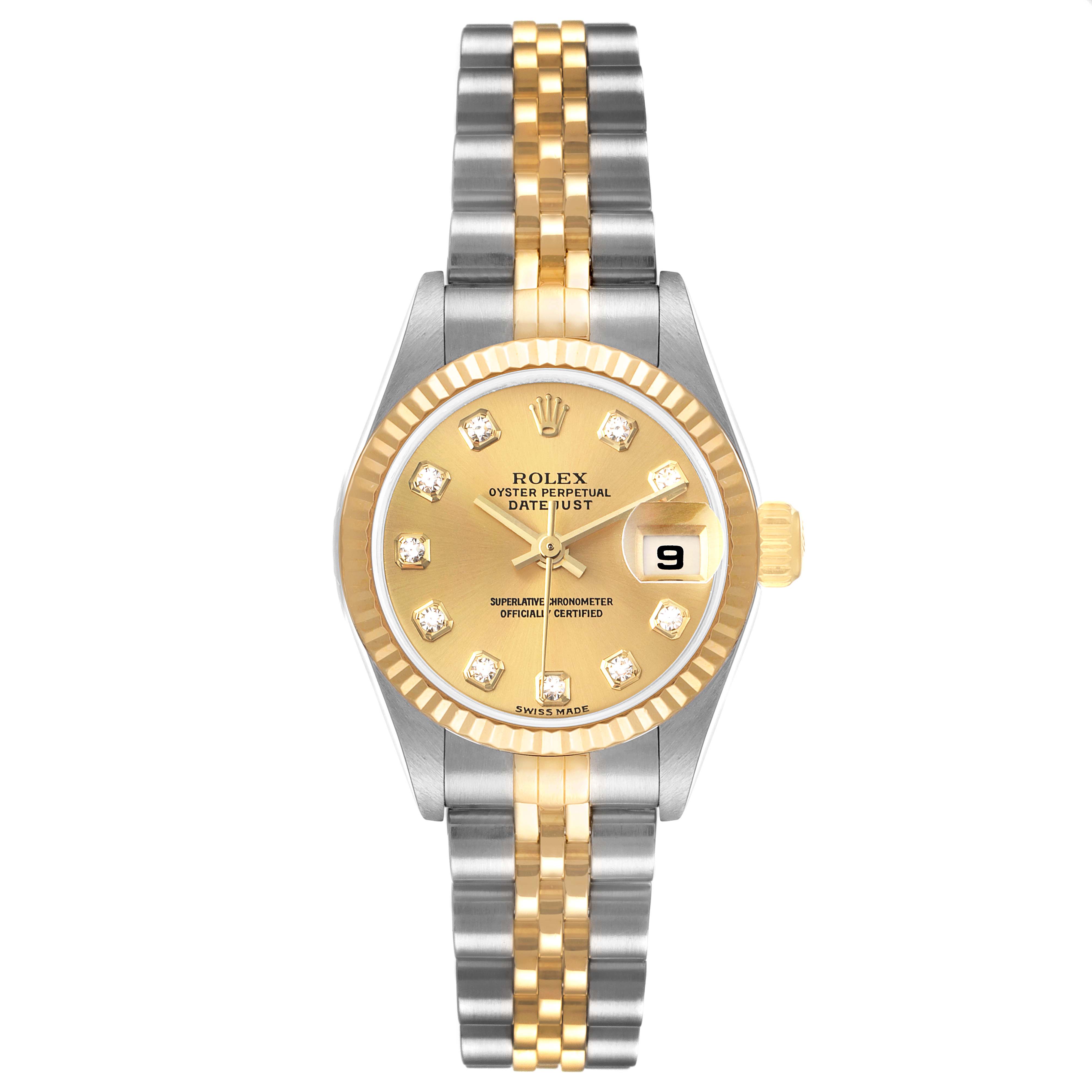 The image shows a Rolex Datejust 79173 Women
s Steel and Gold (two tone) Champagne Dial 79173 Women
s Steel and Gold (two tone) Champagne Dial watch from the front, highlighting the dial, bezel, and bracelet.