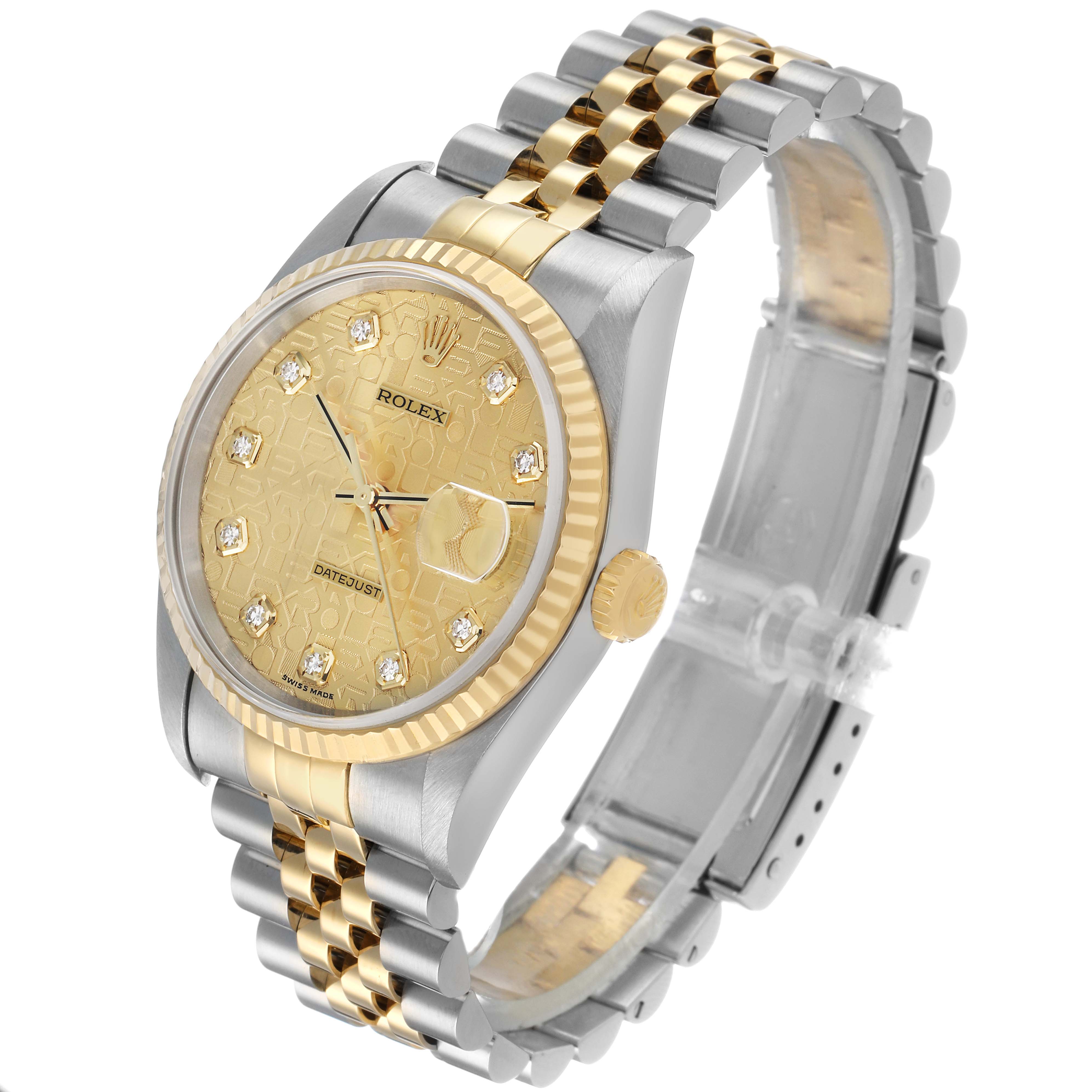 The Rolex Datejust 16233 Men's Steel and Gold (two tone) Champagne Dial watch is shown at a slight angle, highlighting the gold dial, fluted bezel, crown, and Jubilee bracelet.