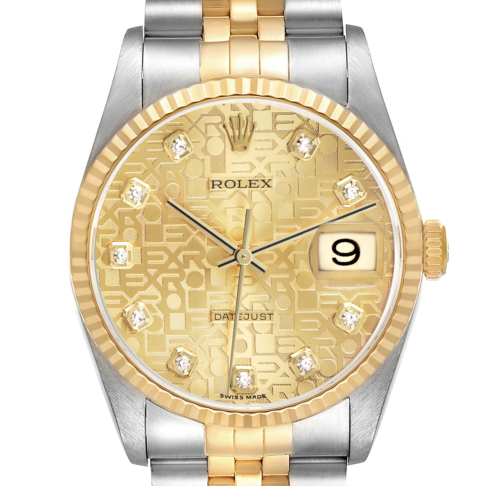 The Rolex Datejust 16233 Men's Steel and Gold (two tone) Champagne Dial watch is shown from a front angle, highlighting the gold dial, bezel, and the date window.