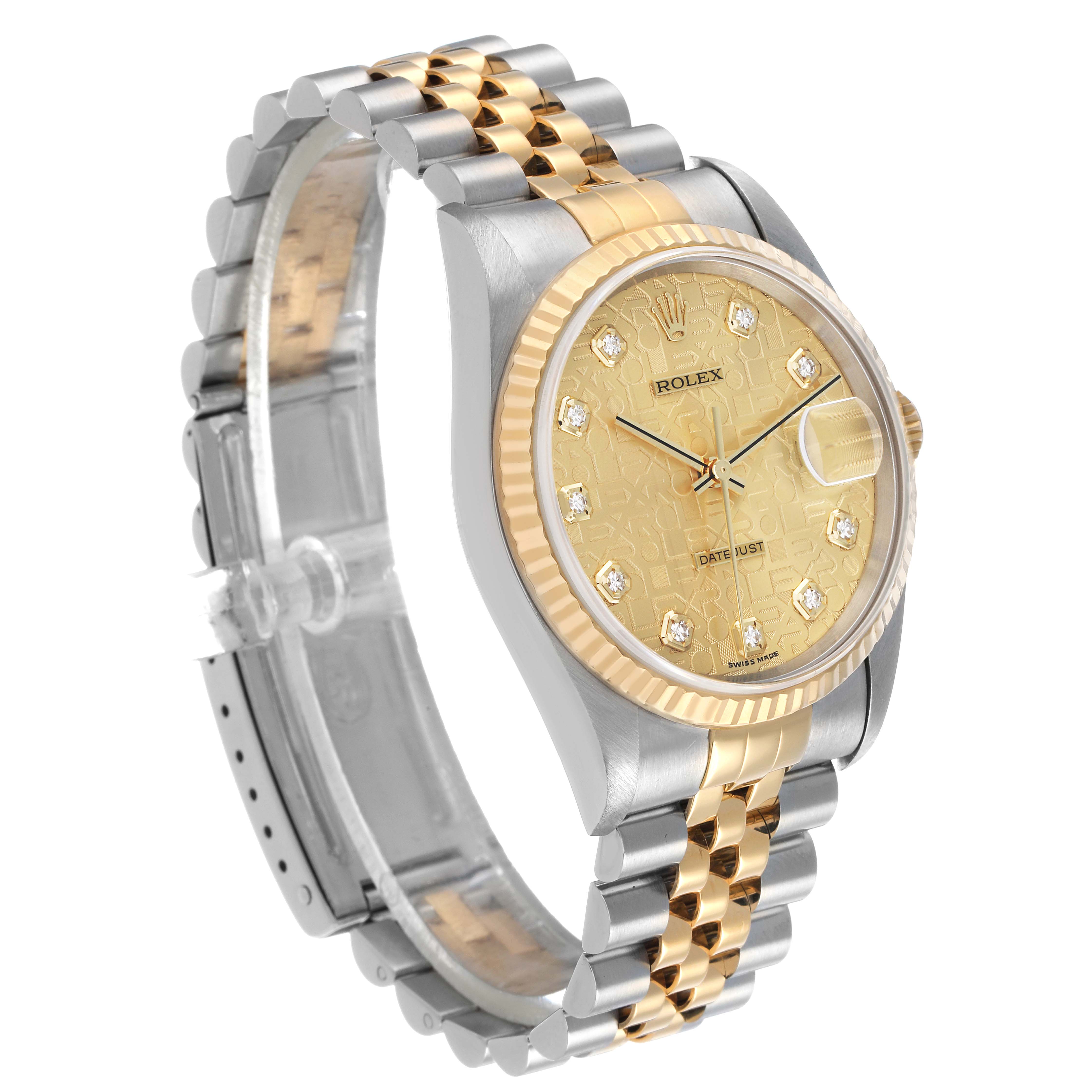 The Rolex Datejust 16233 Men's Steel and Gold (two tone) Champagne Dial watch is shown at a tilted angle displaying the gold dial, fluted bezel, and two-tone Jubilee bracelet.