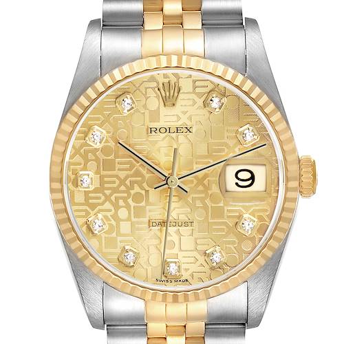 The Rolex Datejust 16233 Men's Steel and Gold (two tone) Champagne Dial watch is shown from the front, highlighting the gold dial, fluted bezel, and part of the bracelet.