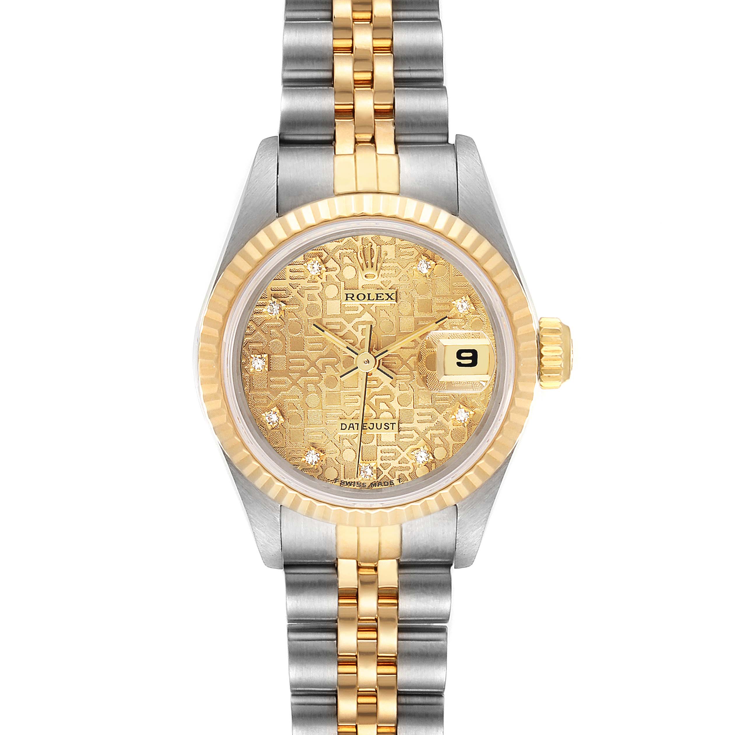 This image shows a front view of the Rolex Datejust 69173 Women's Steel and Gold (two tone) Champagne Dial 69173 Women's Steel and Gold (two tone) Champagne Dial watch, displaying its two-tone bracelet, gold dial, and date window.