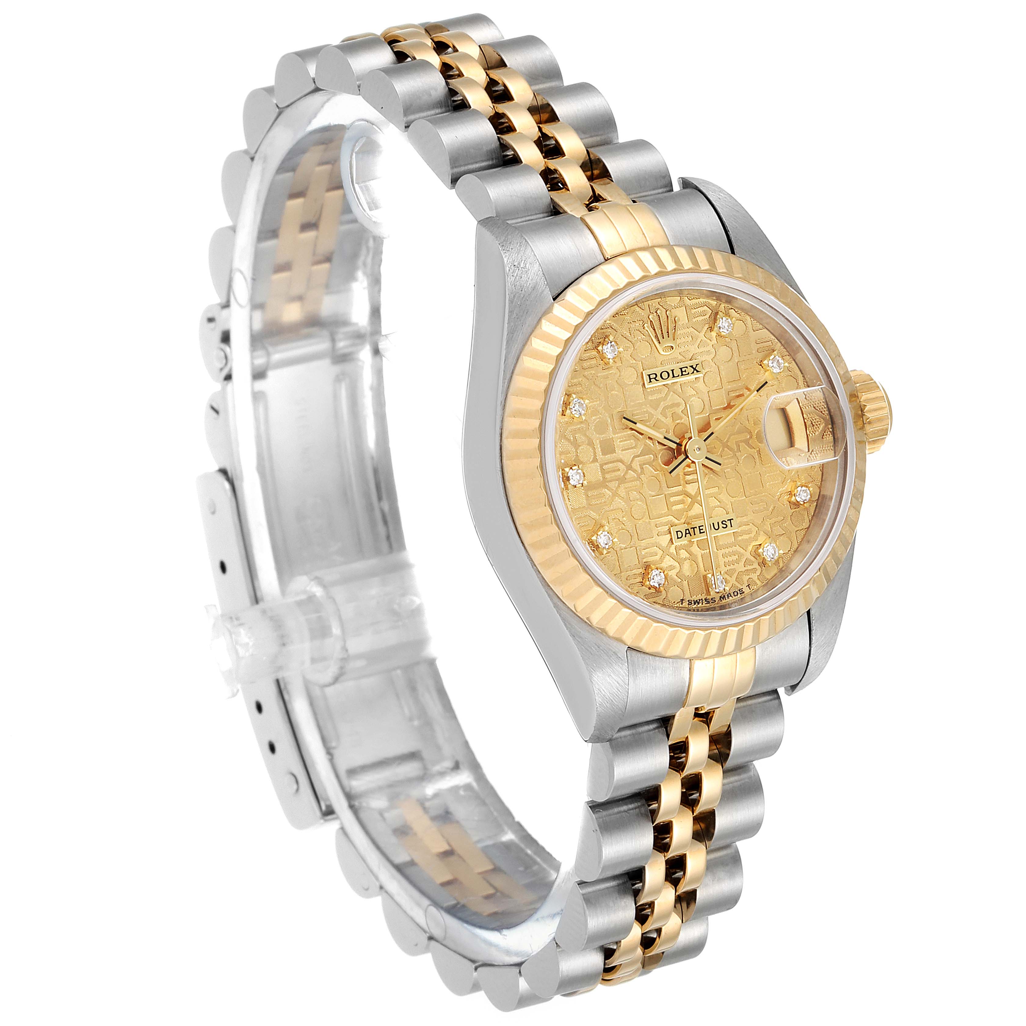 The image shows a Rolex Datejust 69173 Women's Steel and Gold (two tone) Champagne Dial 69173 Women's Steel and Gold (two tone) Champagne Dial watch from a front left angle, highlighting its gold dial, fluted bezel, and two-tone bracelet.