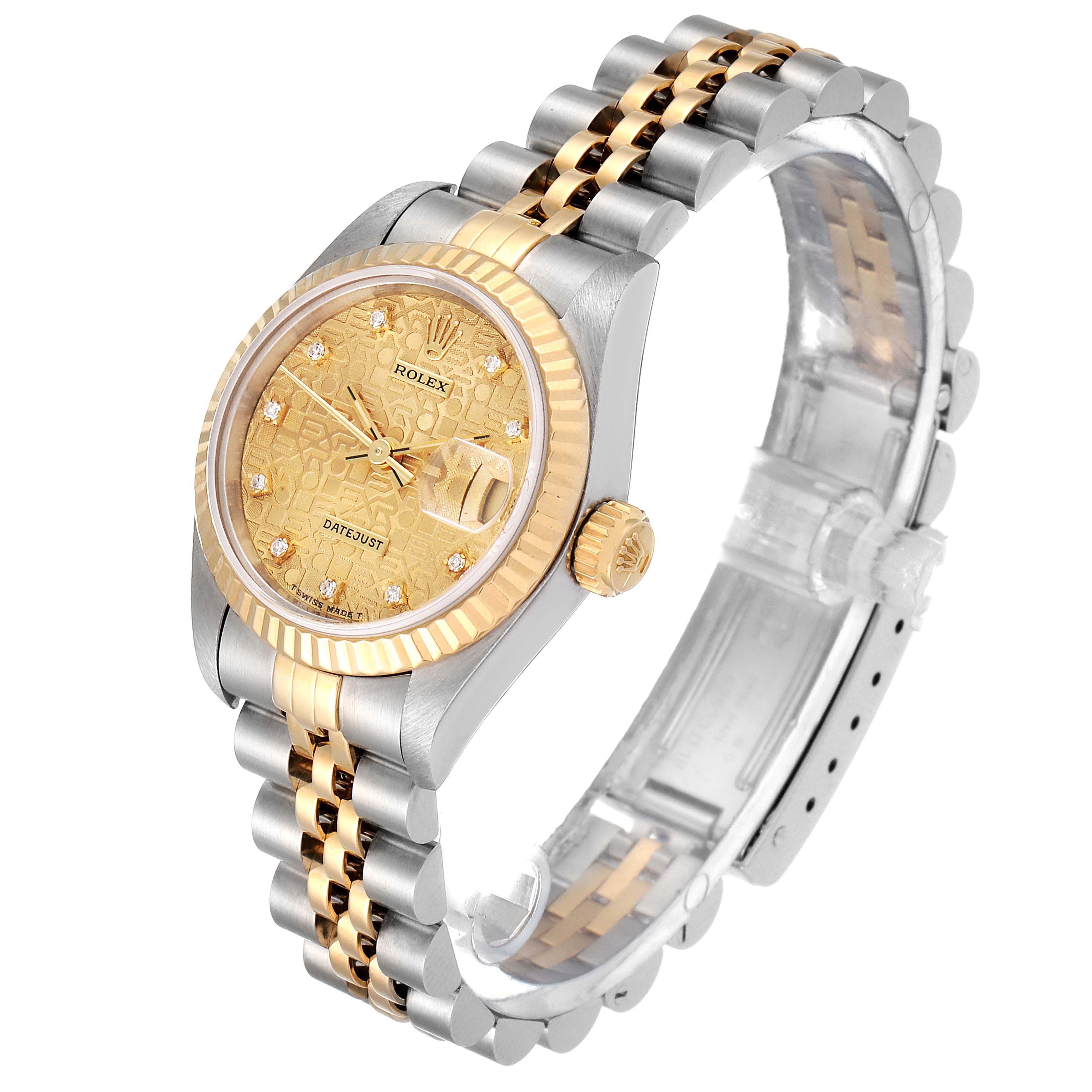 This image shows a Rolex Datejust 69173 Women's Steel and Gold (two tone) Champagne Dial 69173 Women's Steel and Gold (two tone) Champagne Dial watch from an angled perspective, highlighting the dial, bezel, crown, and bracelet.