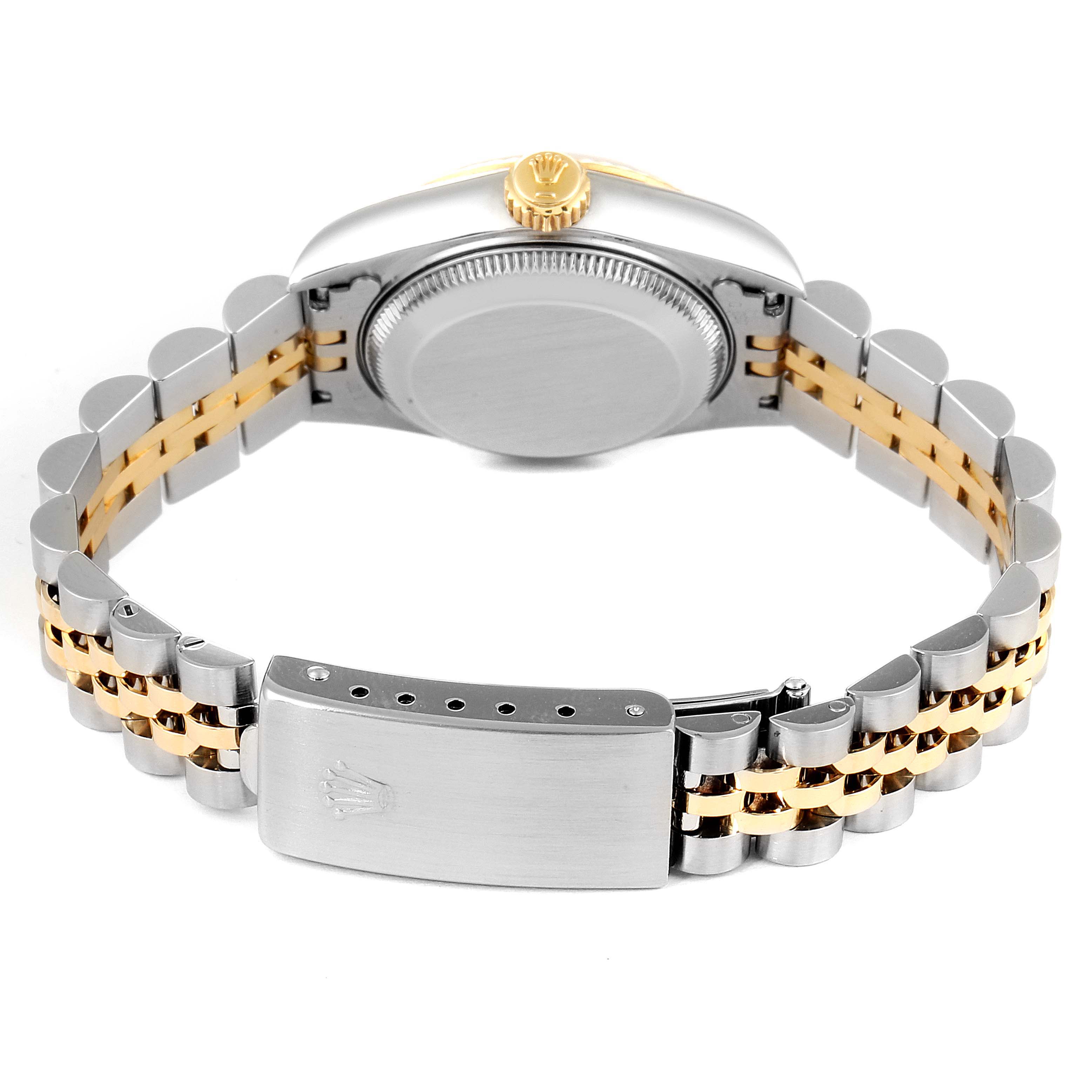 This image shows the back view of a Rolex Datejust 69173 Women's Steel and Gold (two tone) Champagne Dial 69173 Women's Steel and Gold (two tone) Champagne Dial watch, featuring the case back, winding crown, and two-tone metal bracelet.
