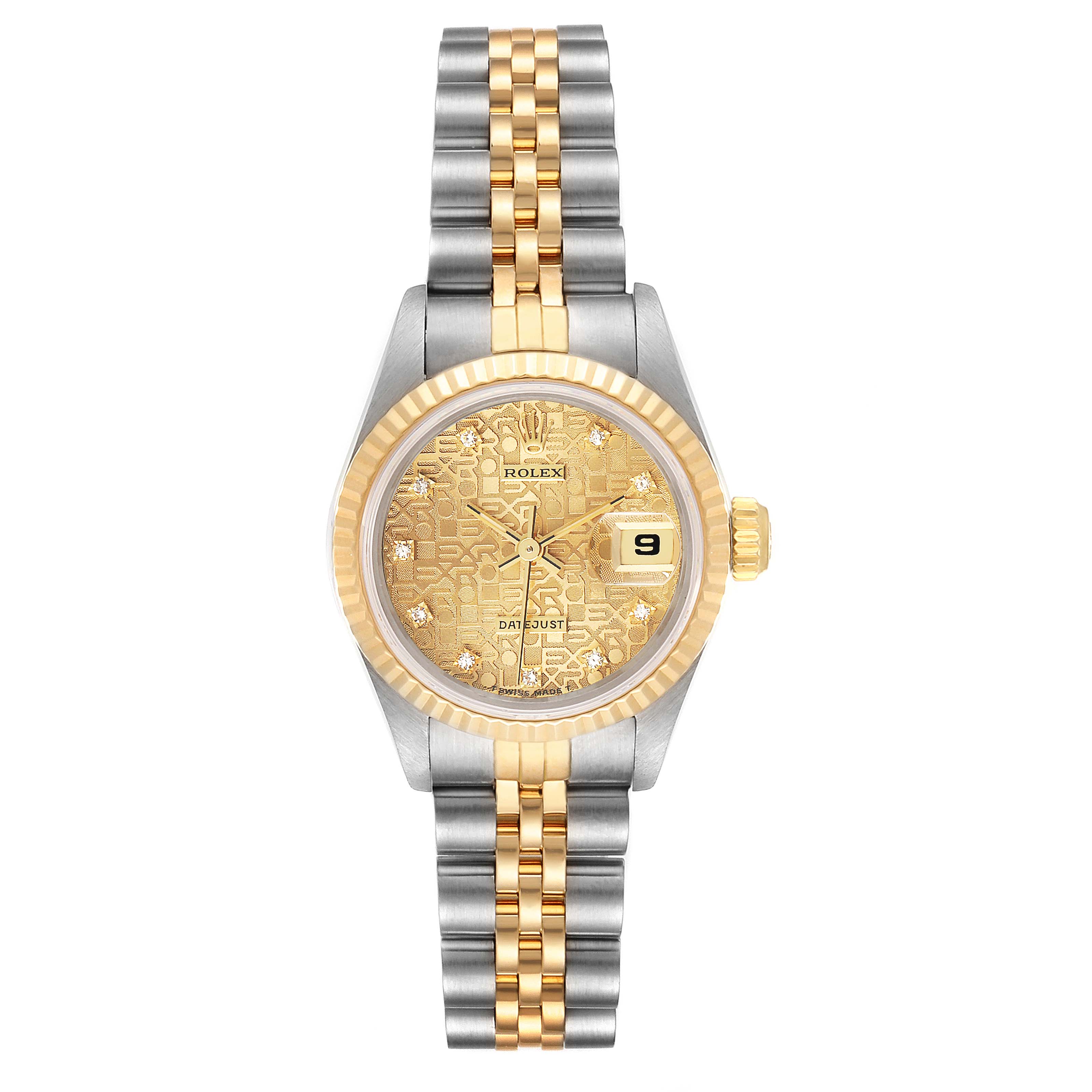 The image shows a front view of a Rolex Datejust 69173 Women's Steel and Gold (two tone) Champagne Dial 69173 Women's Steel and Gold (two tone) Champagne Dial watch, highlighting the dial, bezel, and bracelet.