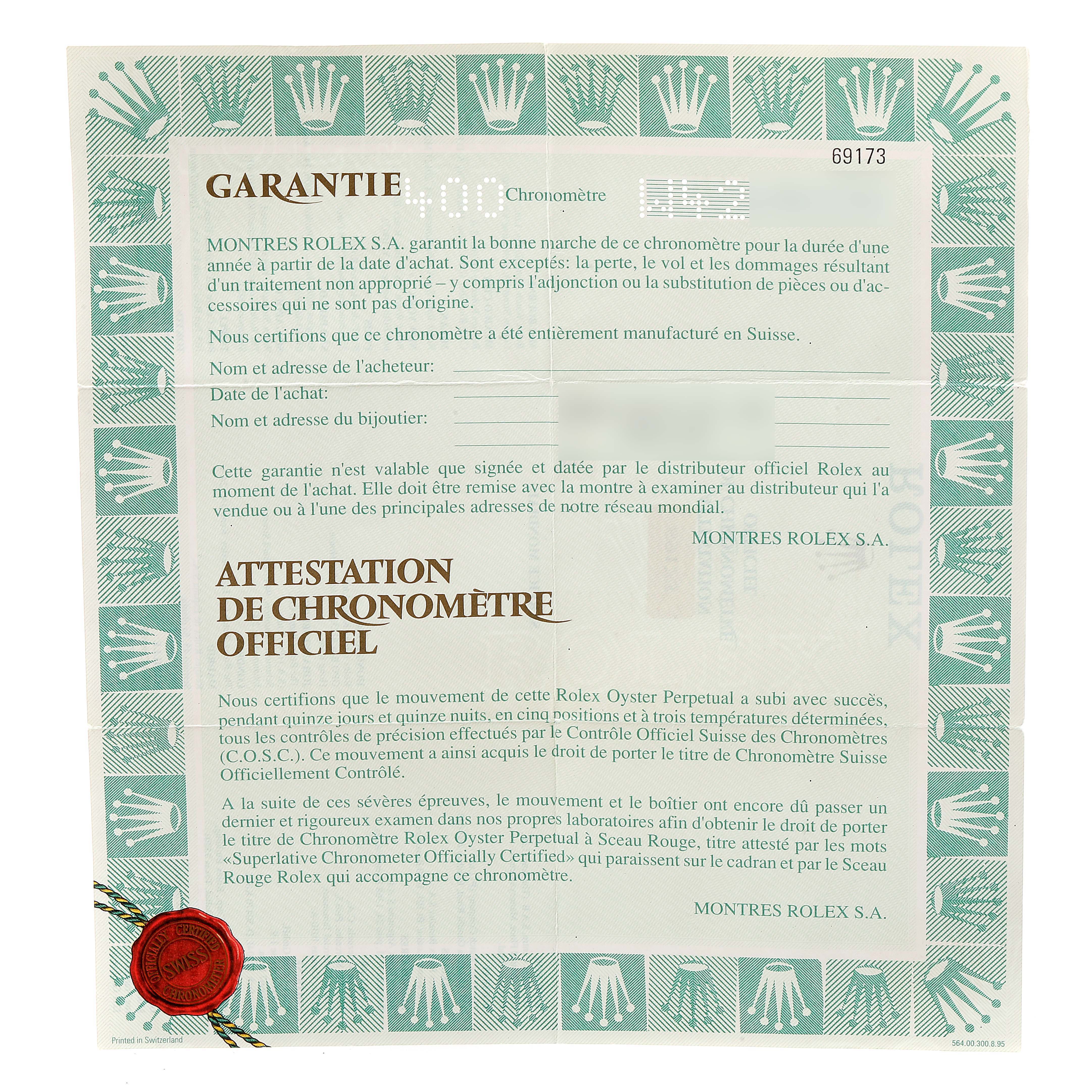 This image shows the official warranty and chronometer certification documents for the Rolex Datejust 69173 Women's Steel and Gold (two tone) Champagne Dial 69173 Women's Steel and Gold (two tone) Champagne Dial watch.