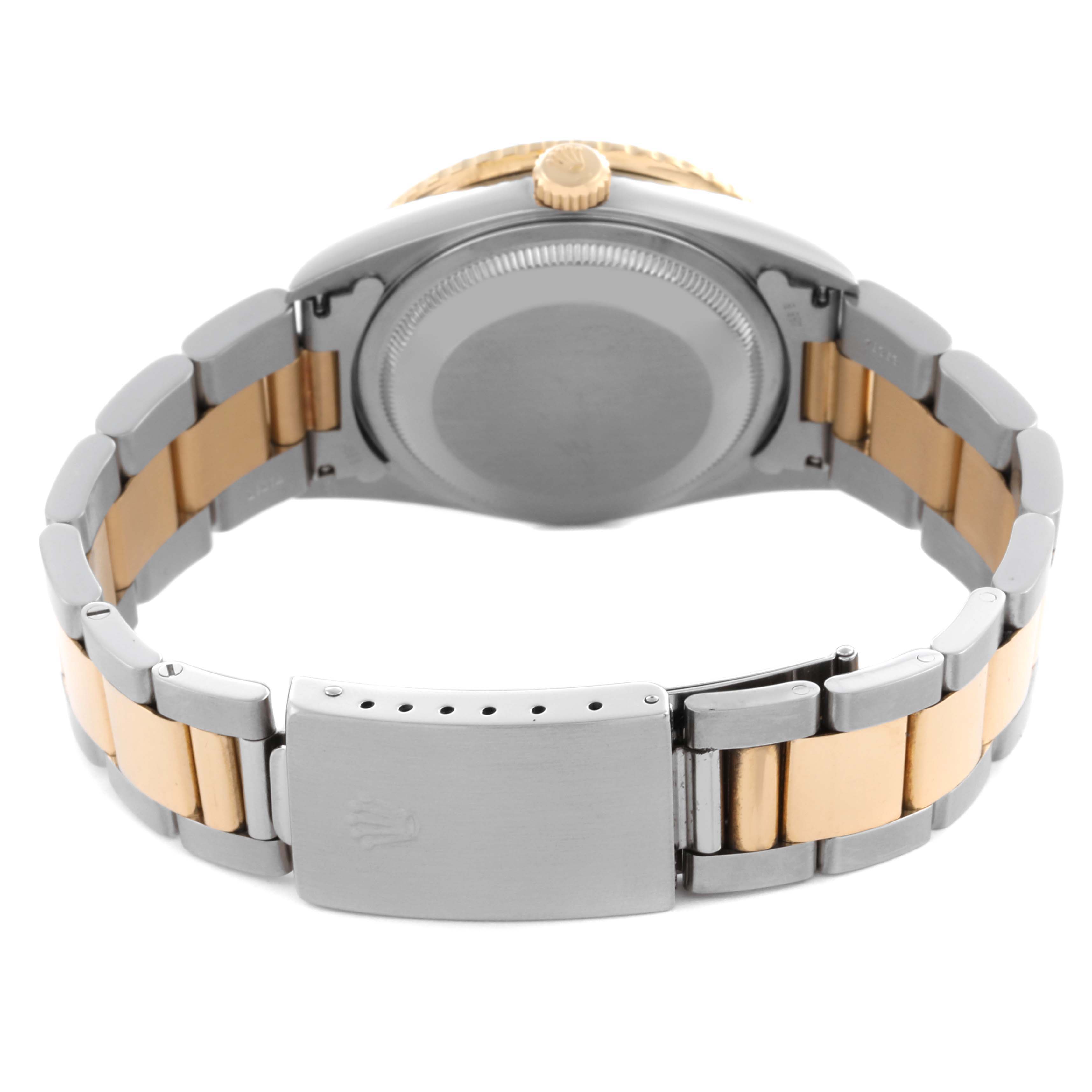 The image shows the back of a Rolex Turn-o-Graph 16263 Men's Steel and Gold (two tone) Black Dial 16263 Men's Steel and Gold (two tone) Black Dial, highlighting the case back, crown, and two-tone bracelet with clasp.