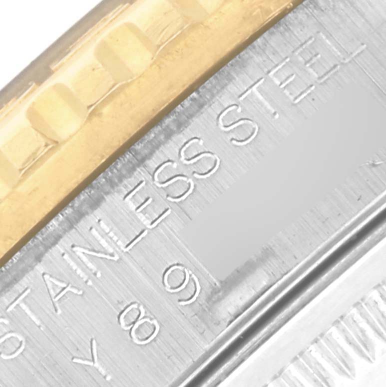 The image shows a close-up of the bezel and outer casing of a Rolex Turn-o-Graph 16263 Men's Steel and Gold (two tone) Black Dial 16263 Men's Steel and Gold (two tone) Black Dial watch with engraved text.