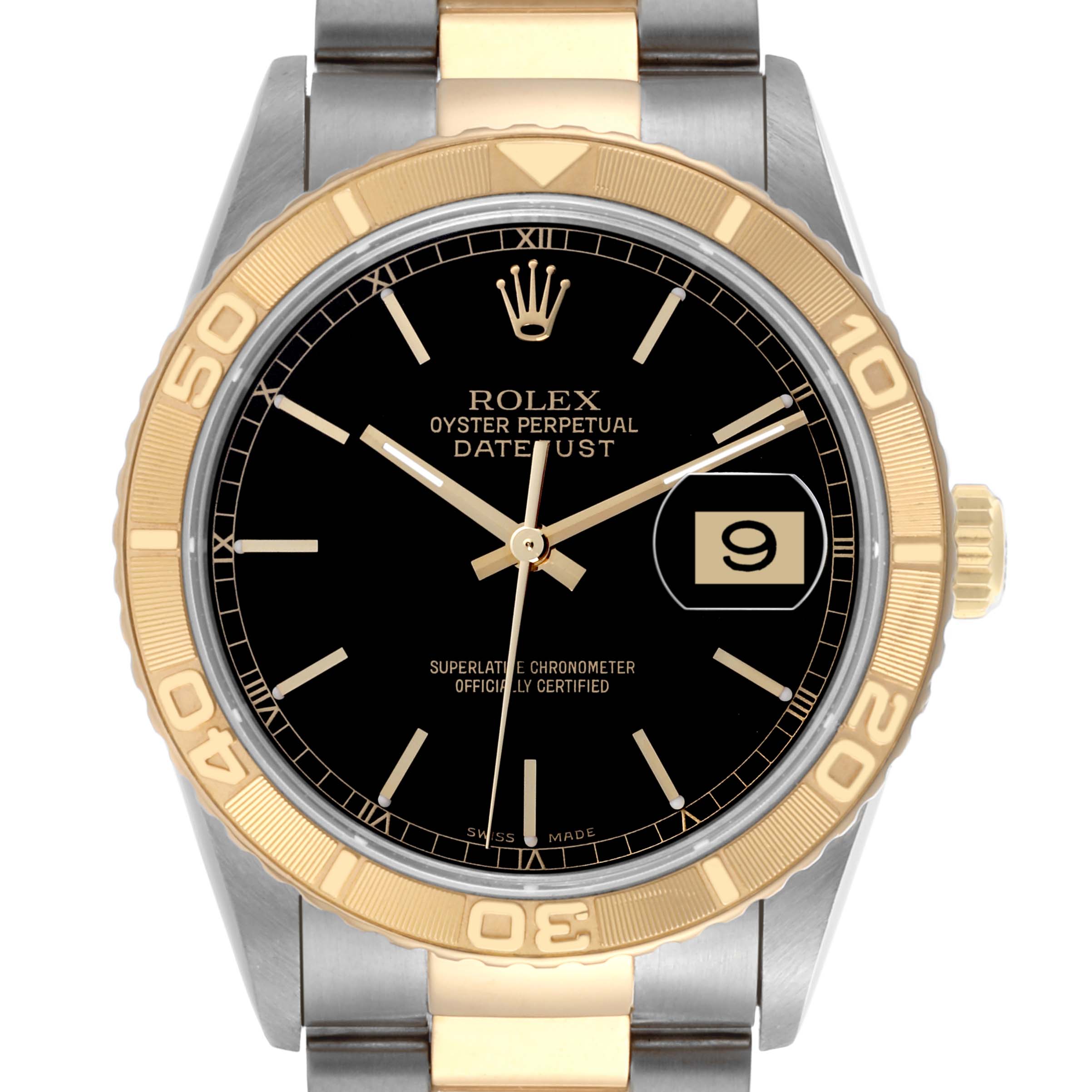 The Rolex Turn-o-Graph 16263 Men's Steel and Gold (two tone) Black Dial 16263 Men's Steel and Gold (two tone) Black Dial watch is shown from the front, highlighting the bezel, dial, and bracelet.