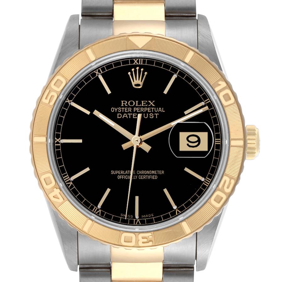 The Rolex Turn-o-Graph watch is shown from the front, highlighting the bezel, dial, and bracelet.