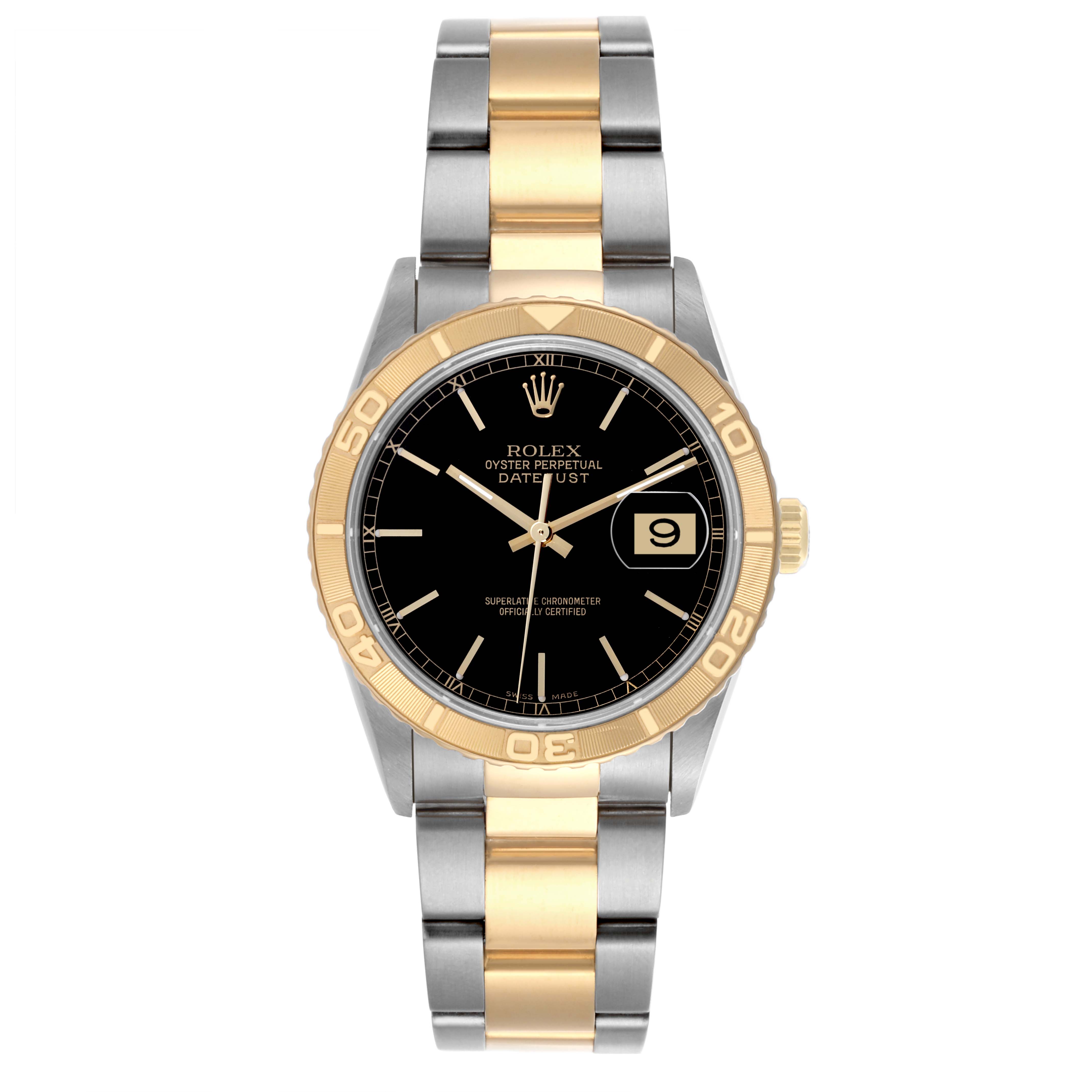 The Rolex Turn-o-Graph 16263 Men's Steel and Gold (two tone) Black Dial 16263 Men's Steel and Gold (two tone) Black Dial watch is shown from a top-down angle, highlighting its bezel, dial, bracelet, and date display.