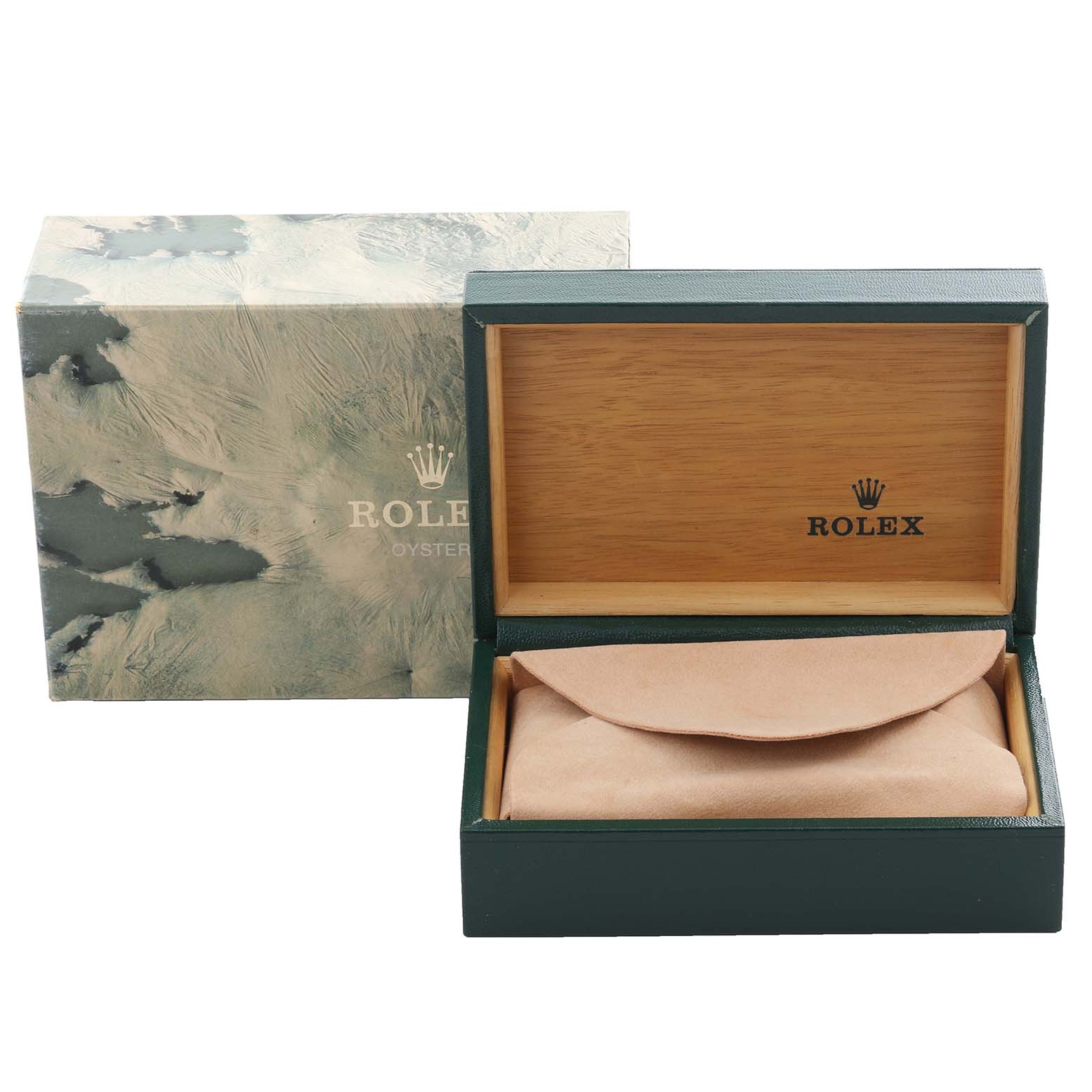 The image shows a Rolex box for the Turn-o-Graph model, featuring an open display with a cushion and lid displaying the brand's logo.