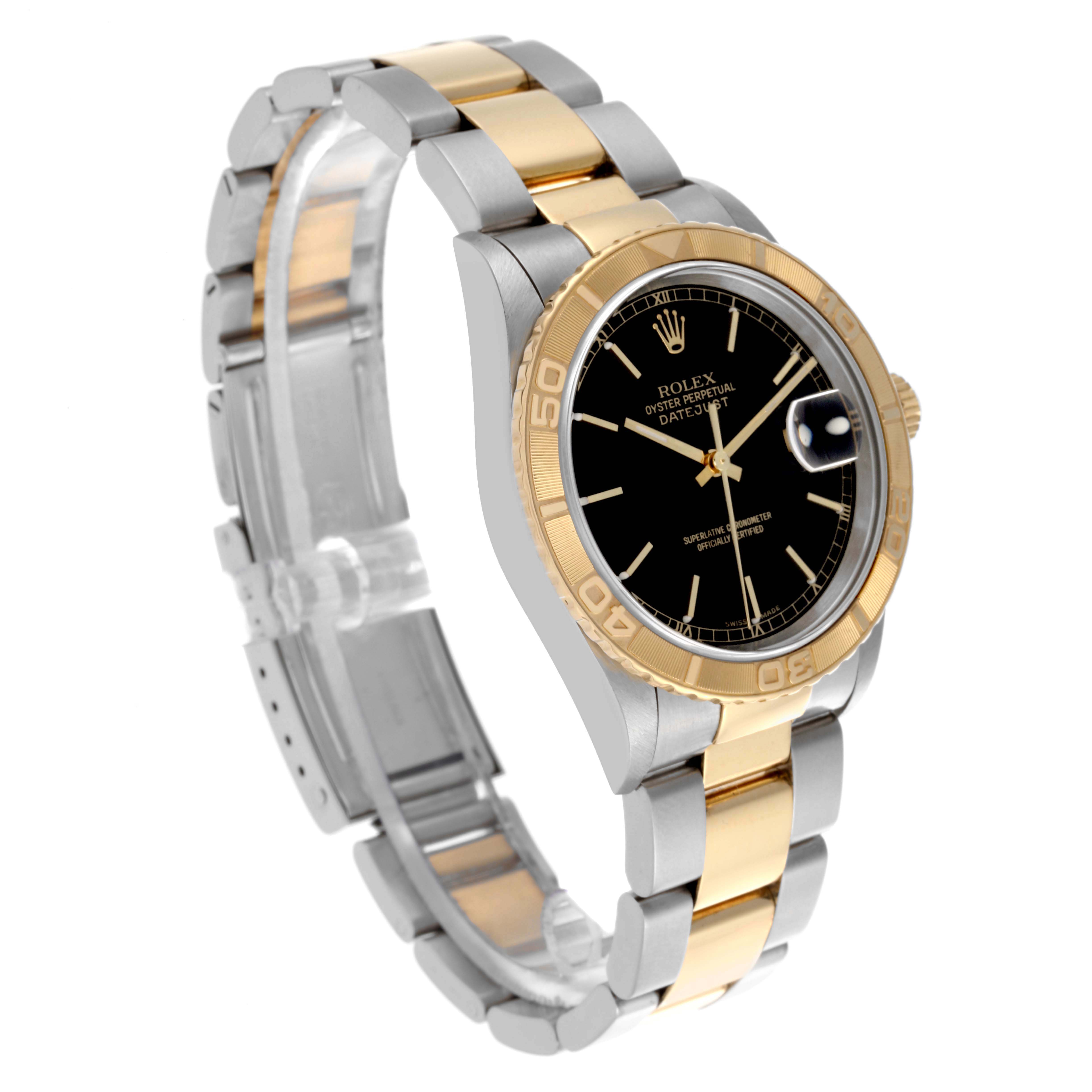 The Rolex Turn-o-Graph 16263 Men's Steel and Gold (two tone) Black Dial 16263 Men's Steel and Gold (two tone) Black Dial watch is shown at a three-quarter angle, displaying the dial, bezel, and bracelet.
