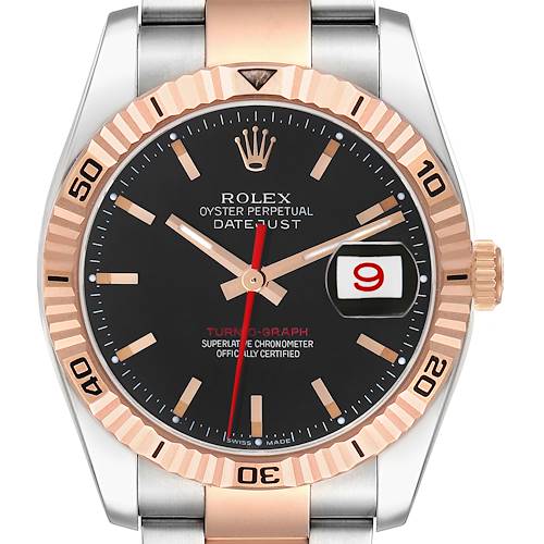 The Rolex Turn-o-Graph 116261 Men's Steel and Gold (two tone) Black Dial watch is shown from a front angle, highlighting the dial, bezel, crown, and part of the bracelet.