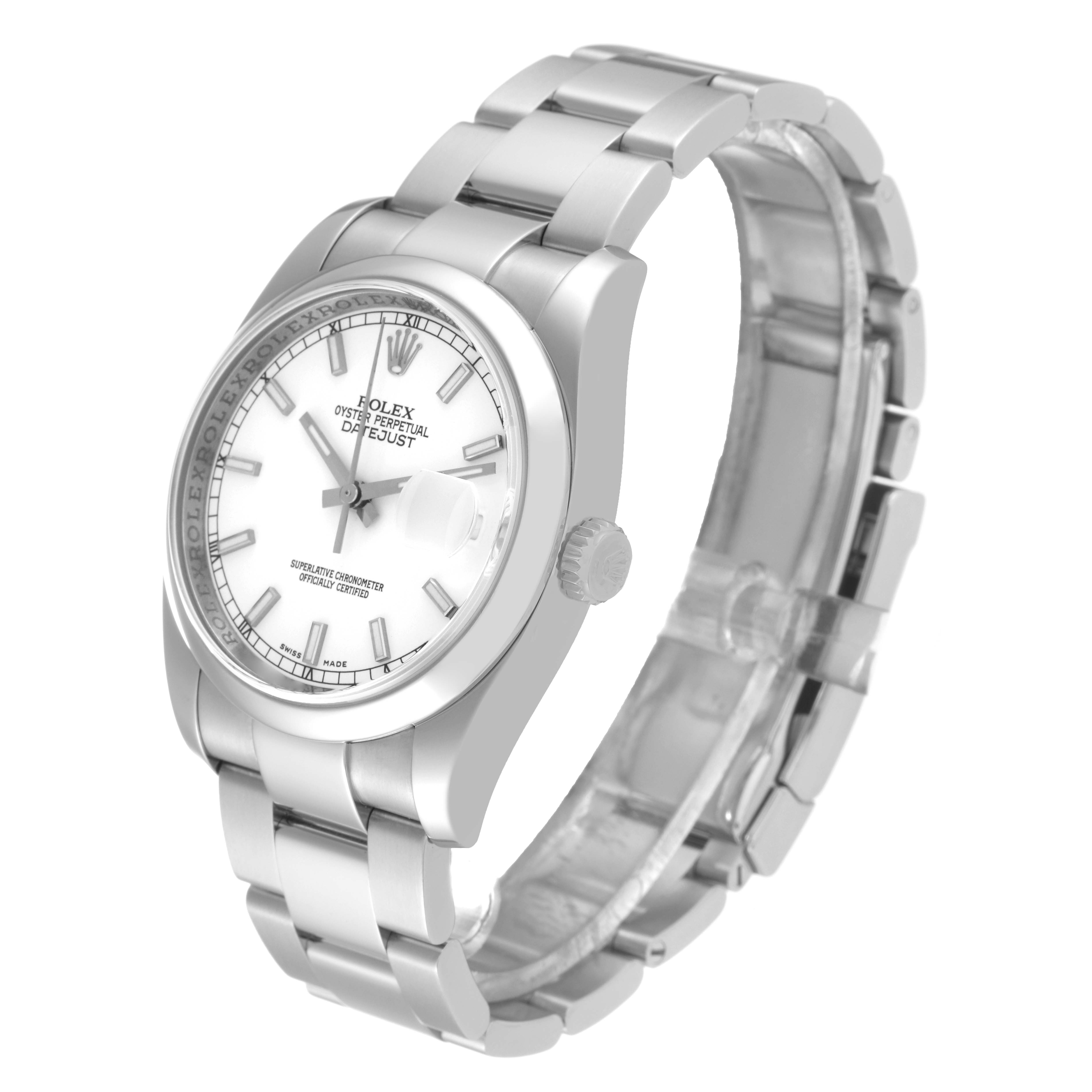 The image shows a side and slightly angled view of a Rolex Datejust 116200 Men's Stainless Steel White Dial 116200 Men's Stainless Steel White Dial watch featuring its bracelet, case, and dial.