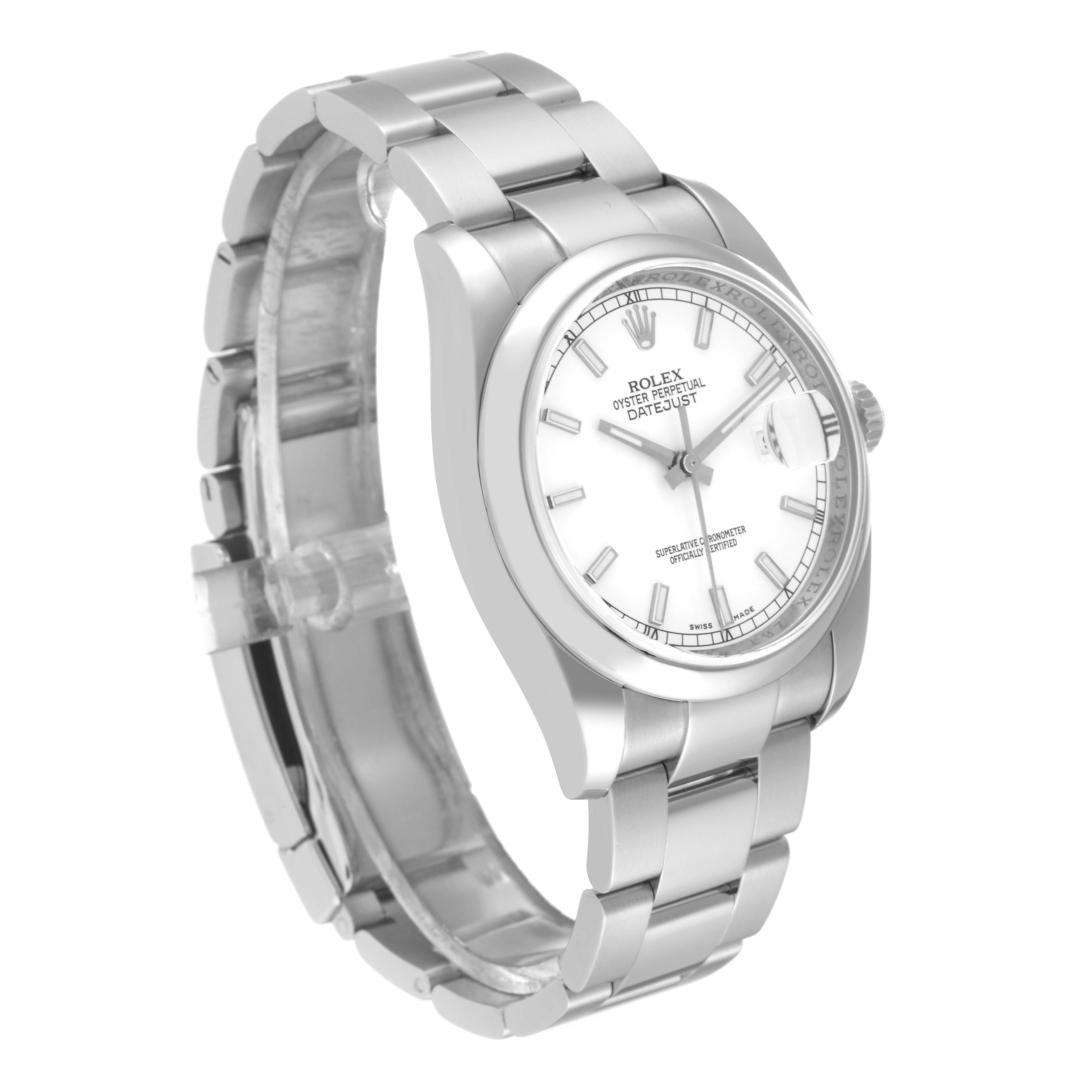 The image shows a side angle view of a Rolex Datejust 116200 Men's Stainless Steel White Dial 116200 Men's Stainless Steel White Dial watch, highlighting the dial, bracelet, and clasp.