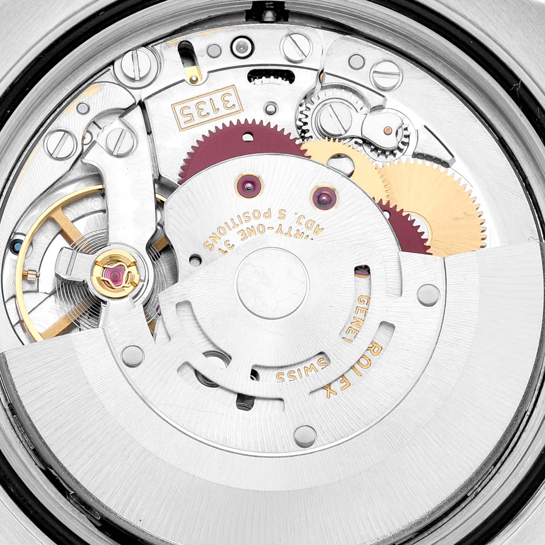 This image shows a close-up of the movement and internal mechanisms of a Rolex Datejust 116200 Men's Stainless Steel White Dial 116200 Men's Stainless Steel White Dial watch.
