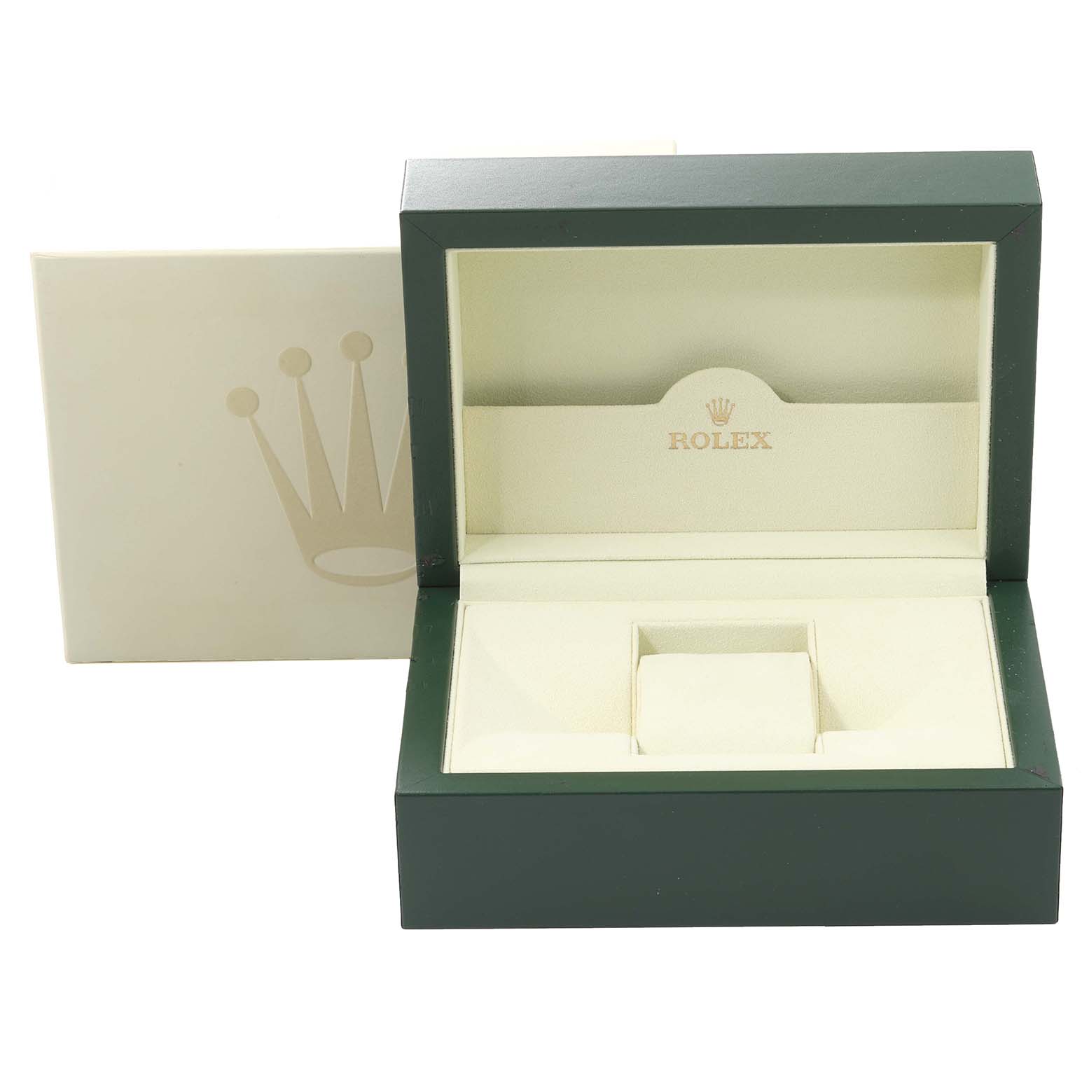 The image shows a green and cream Rolex Datejust 116200 Men's Stainless Steel White Dial 116200 Men's Stainless Steel White Dial watch box opened, displaying its inner compartments for the watch.