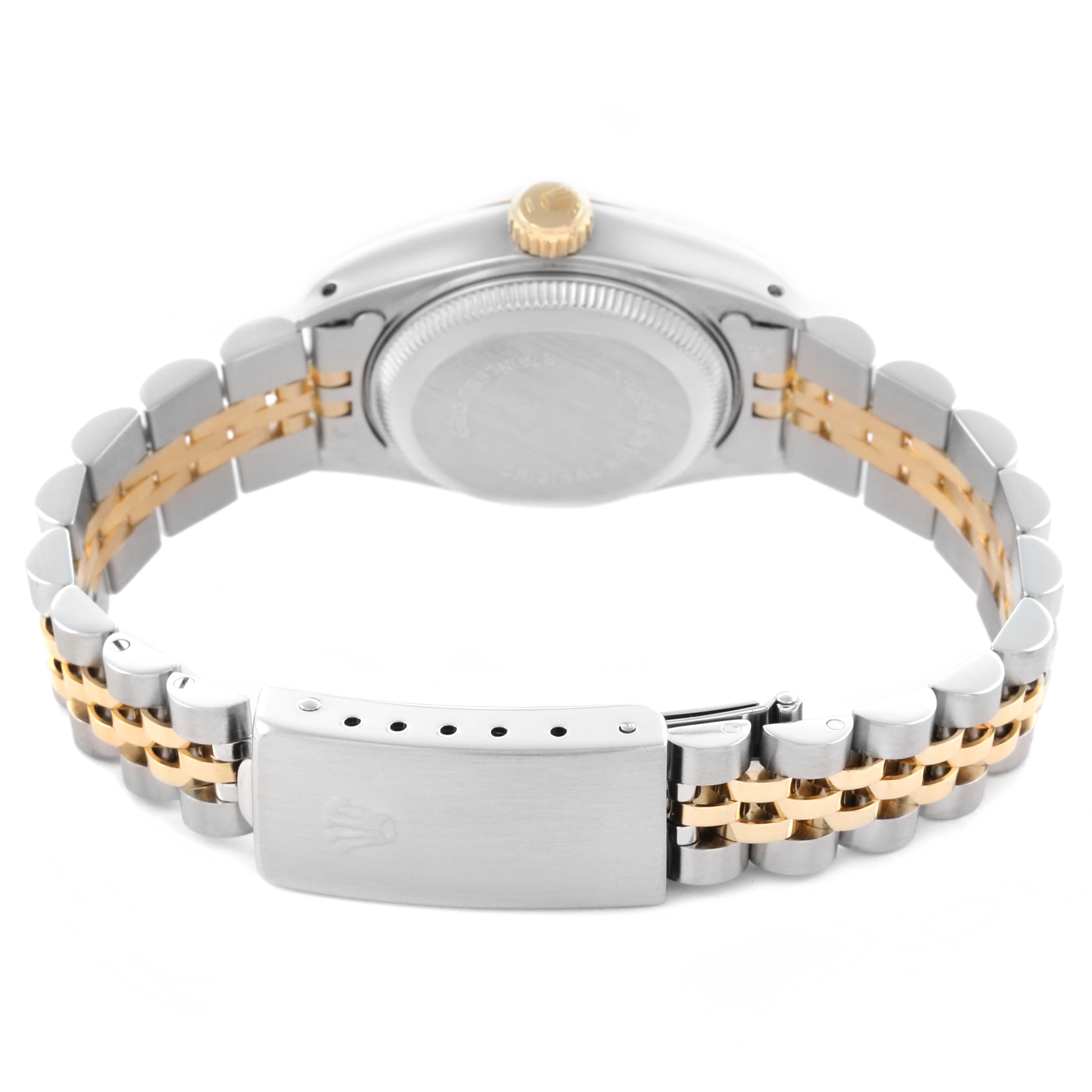 The image shows the back view of a Rolex Datejust 69173 Women's Steel and Gold (two tone) White Dial 69173 Women's Steel and Gold (two tone) White Dial, highlighting the bracelet and clasp.