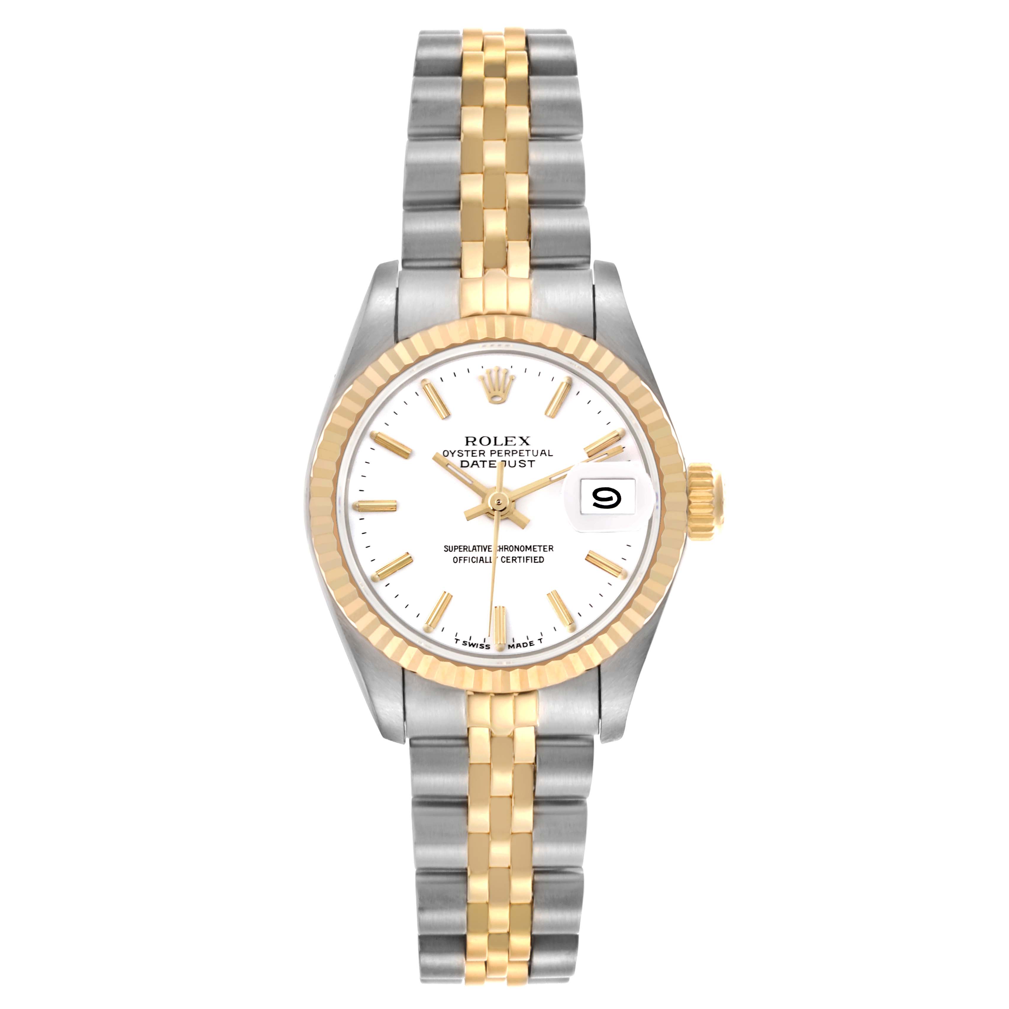The Rolex Datejust 69173 Women's Steel and Gold (two tone) White Dial 69173 Women's Steel and Gold (two tone) White Dial watch is shown from a front angle, highlighting the dial, bezel, and two-tone bracelet.