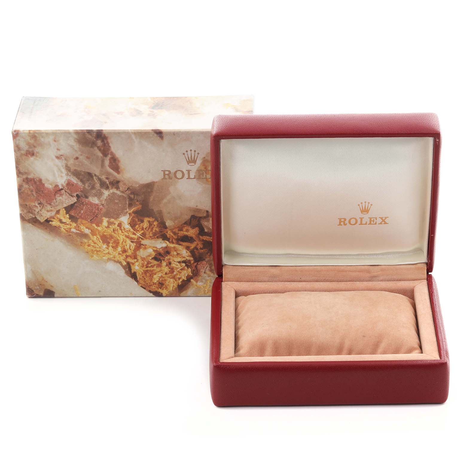 The image shows a Rolex Datejust 69173 Women's Steel and Gold (two tone) White Dial 69173 Women's Steel and Gold (two tone) White Dial watch box and packaging, viewed from the front with an open lid.