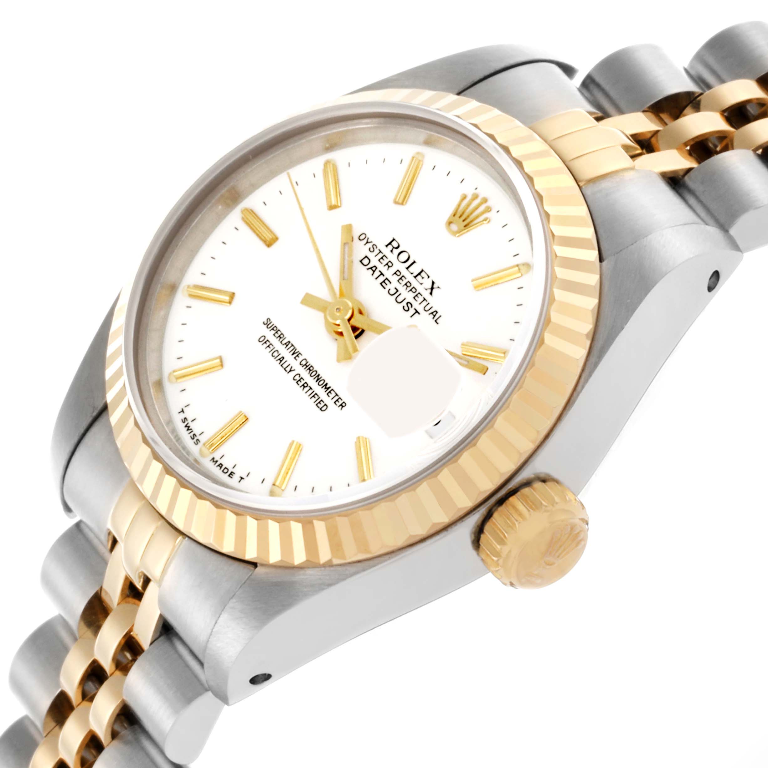 The Rolex Datejust 69173 Women's Steel and Gold (two tone) White Dial 69173 Women's Steel and Gold (two tone) White Dial watch is shown at an angled view highlighting the watch face, bezel, crown, and part of the bracelet.