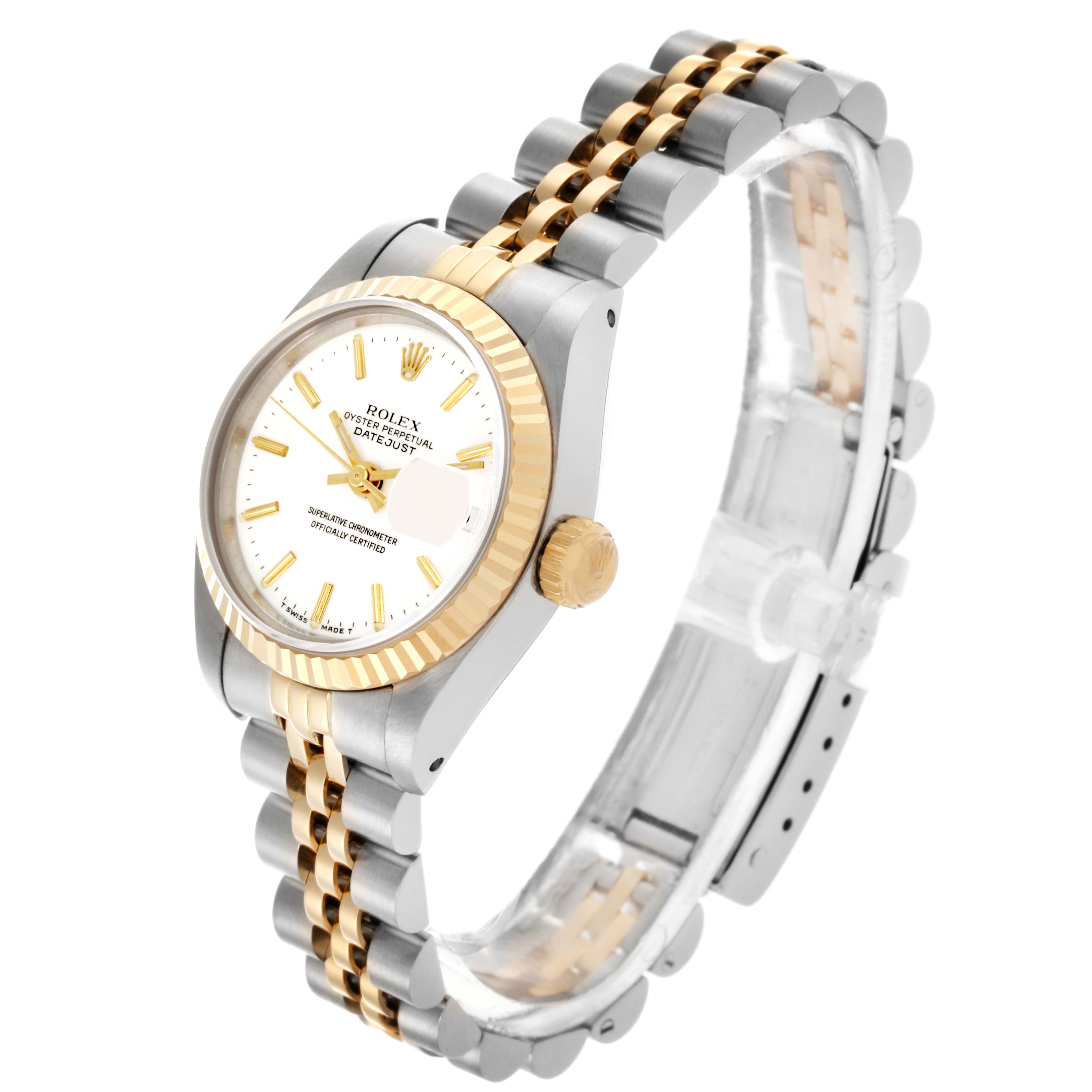The Rolex Datejust 69173 Women's Steel and Gold (two tone) White Dial 69173 Women's Steel and Gold (two tone) White Dial watch is shown at an angled side view, highlighting the case, bezel, crown, and two-tone bracelet.