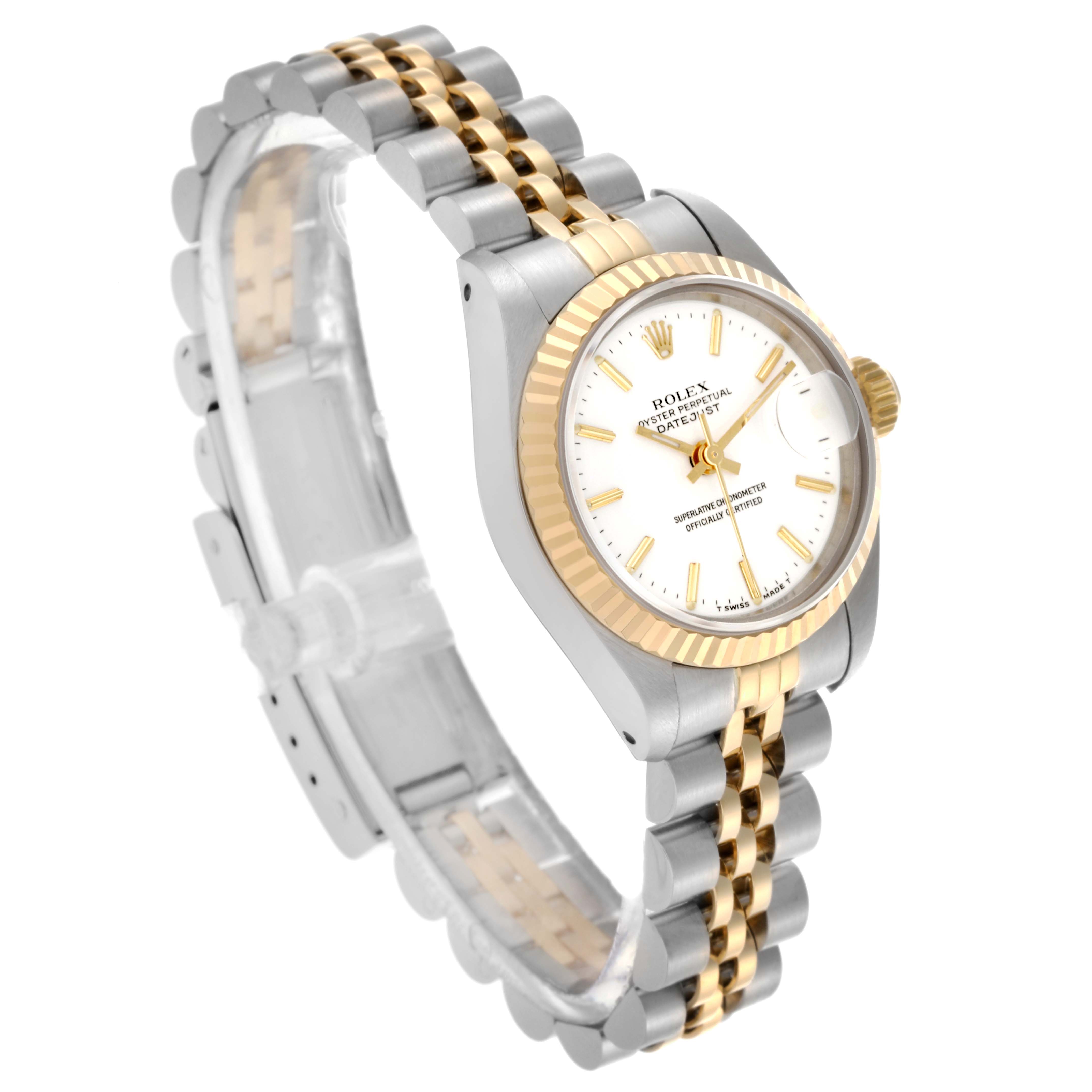 The Rolex Datejust 69173 Women's Steel and Gold (two tone) White Dial 69173 Women's Steel and Gold (two tone) White Dial watch is shown at a three-quarter angle, highlighting its dial, bezel, and jubilee bracelet.