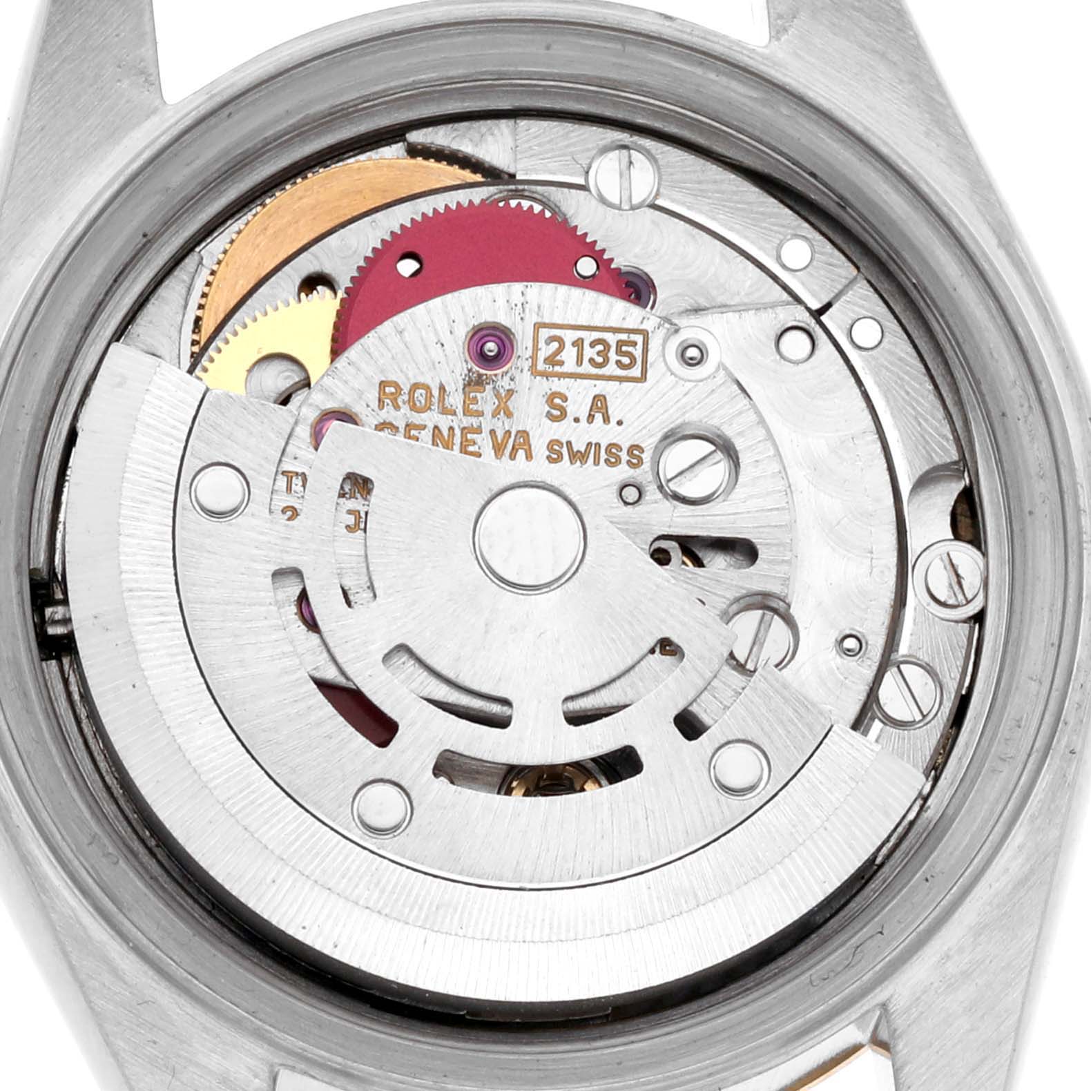 The image shows a close-up of the movement of a Rolex Datejust 69173 Women's Steel and Gold (two tone) White Dial 69173 Women's Steel and Gold (two tone) White Dial watch from the back angle, highlighting its internal mechanics.