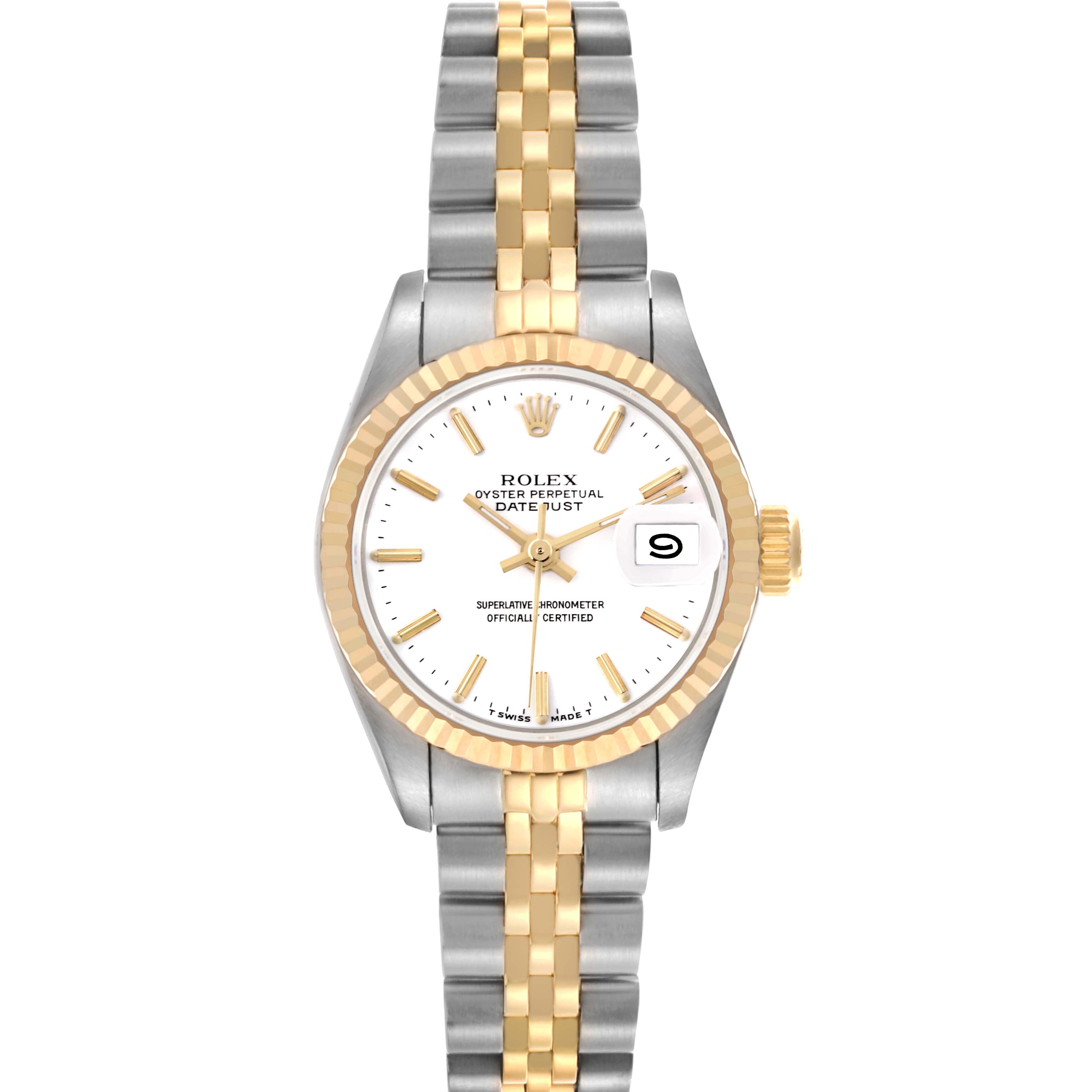 The Rolex Datejust 69173 Women's Steel and Gold (two tone) White Dial 69173 Women's Steel and Gold (two tone) White Dial watch is shown from a front angle, displaying the dial, bezel, crown, and bracelet.