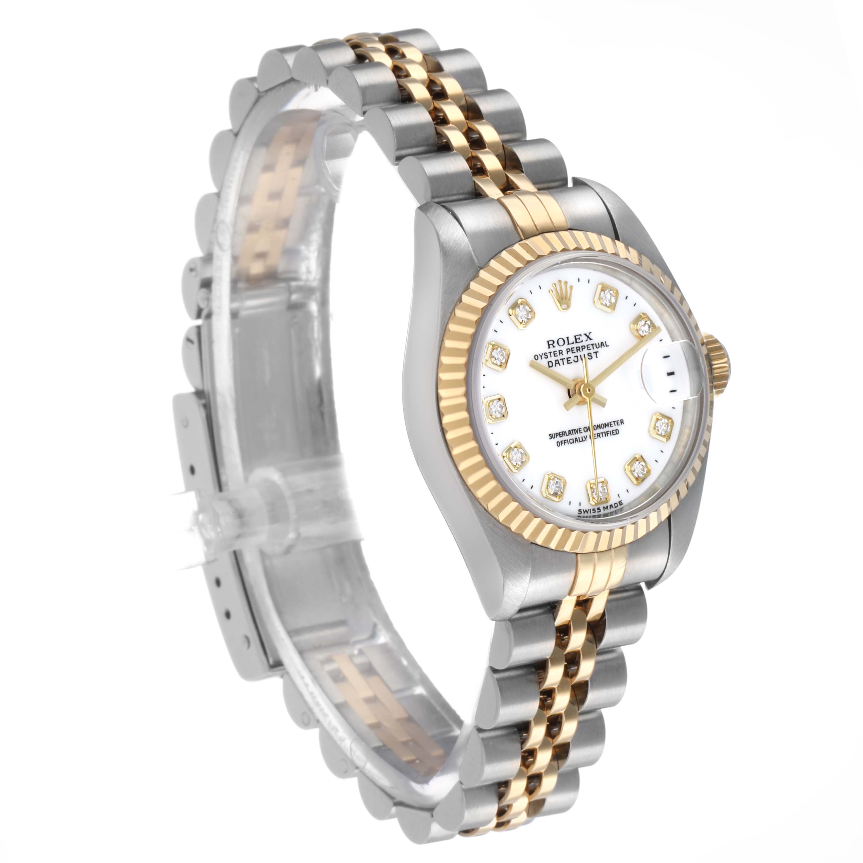 The Rolex Datejust 69173 Women's Steel and Gold (two tone) White Dial watch is shown at a three-quarter angle, highlighting the face, bezel, and bracelet.
