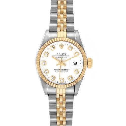 The image shows a frontal view of a Rolex Datejust 69173 Women's Steel and Gold (two tone) White Dial watch, highlighting the bezel, dial, hands, bracelet, and date window.