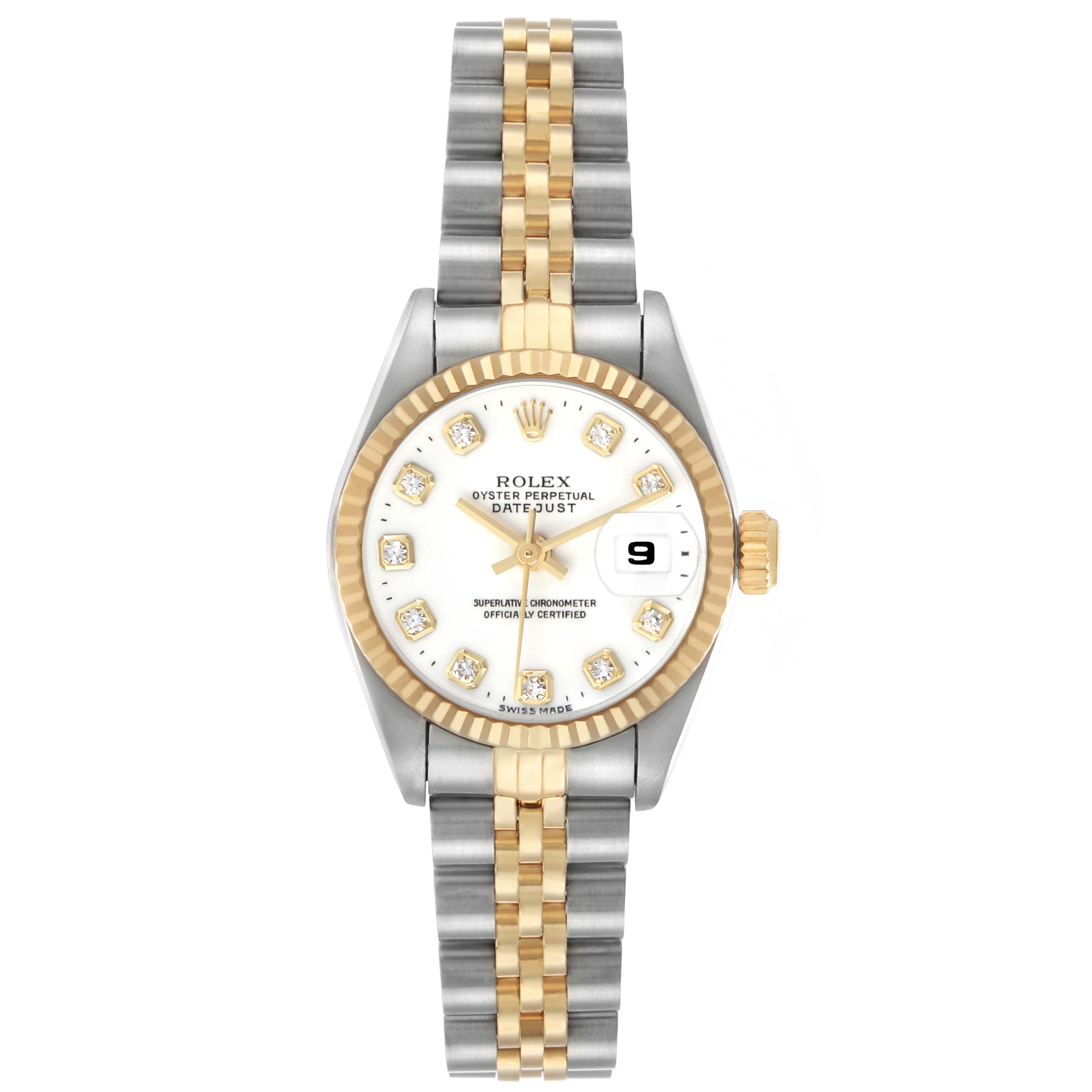 The Rolex Datejust 69173 Women's Steel and Gold (two tone) White Dial watch is shown from the front, displaying its dial, fluted bezel, crown, and two-tone Jubilee bracelet.