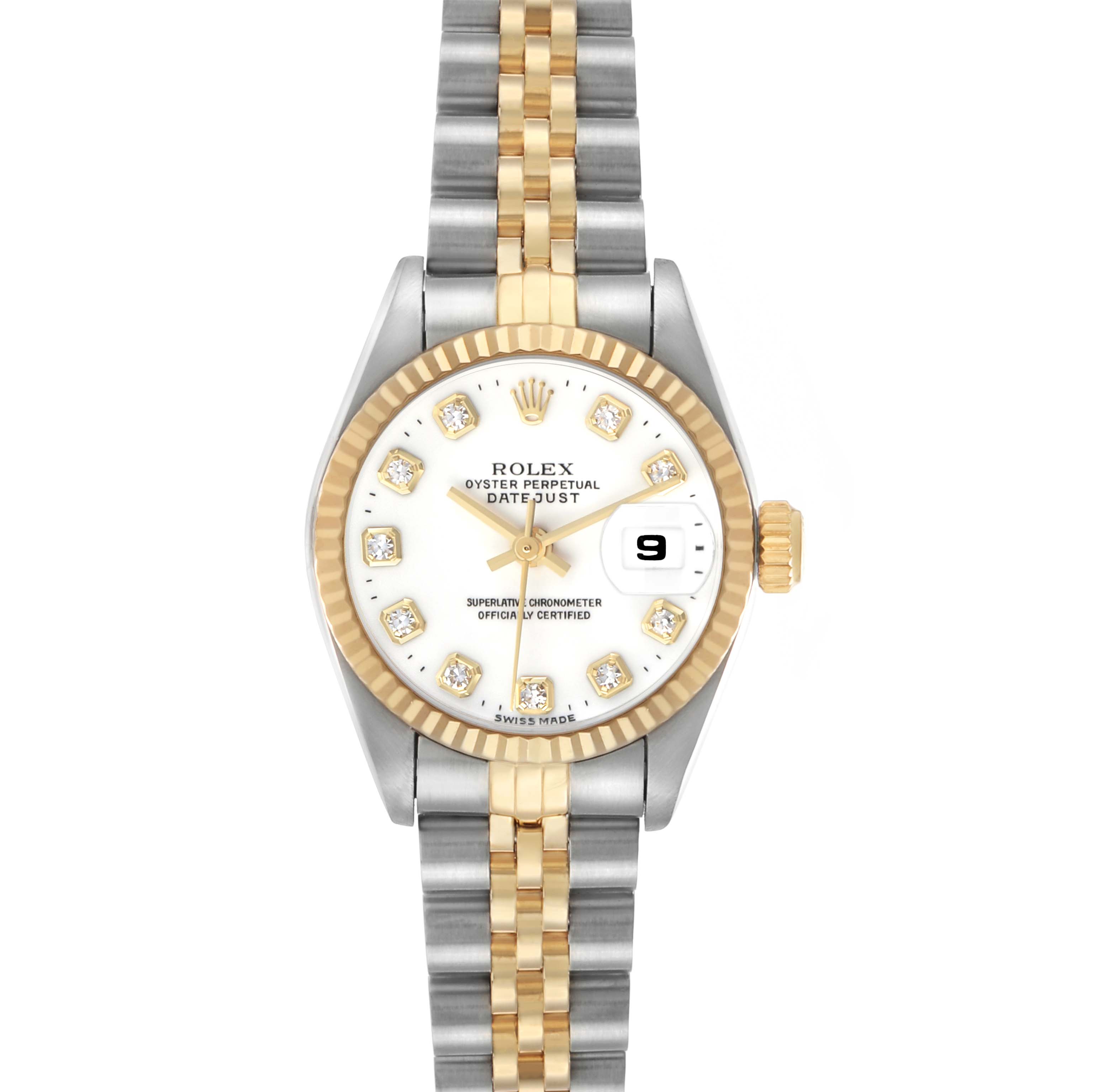 The Rolex Datejust 69173 Women's Steel and Gold (two tone) White Dial watch is shown from a top-down angle, displaying its face, fluted bezel, and two-tone Jubilee bracelet.