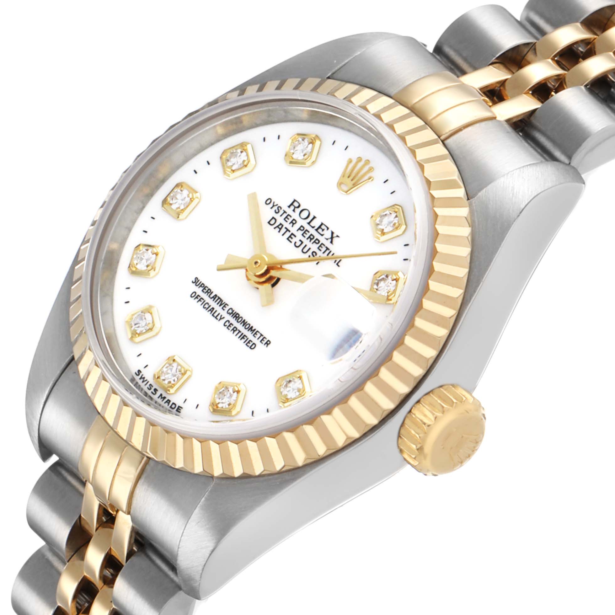 The Rolex Datejust 69173 Women's Steel and Gold (two tone) White Dial watch is shown at a slight angle, displaying the face, bezel, crown, and part of the bracelet.