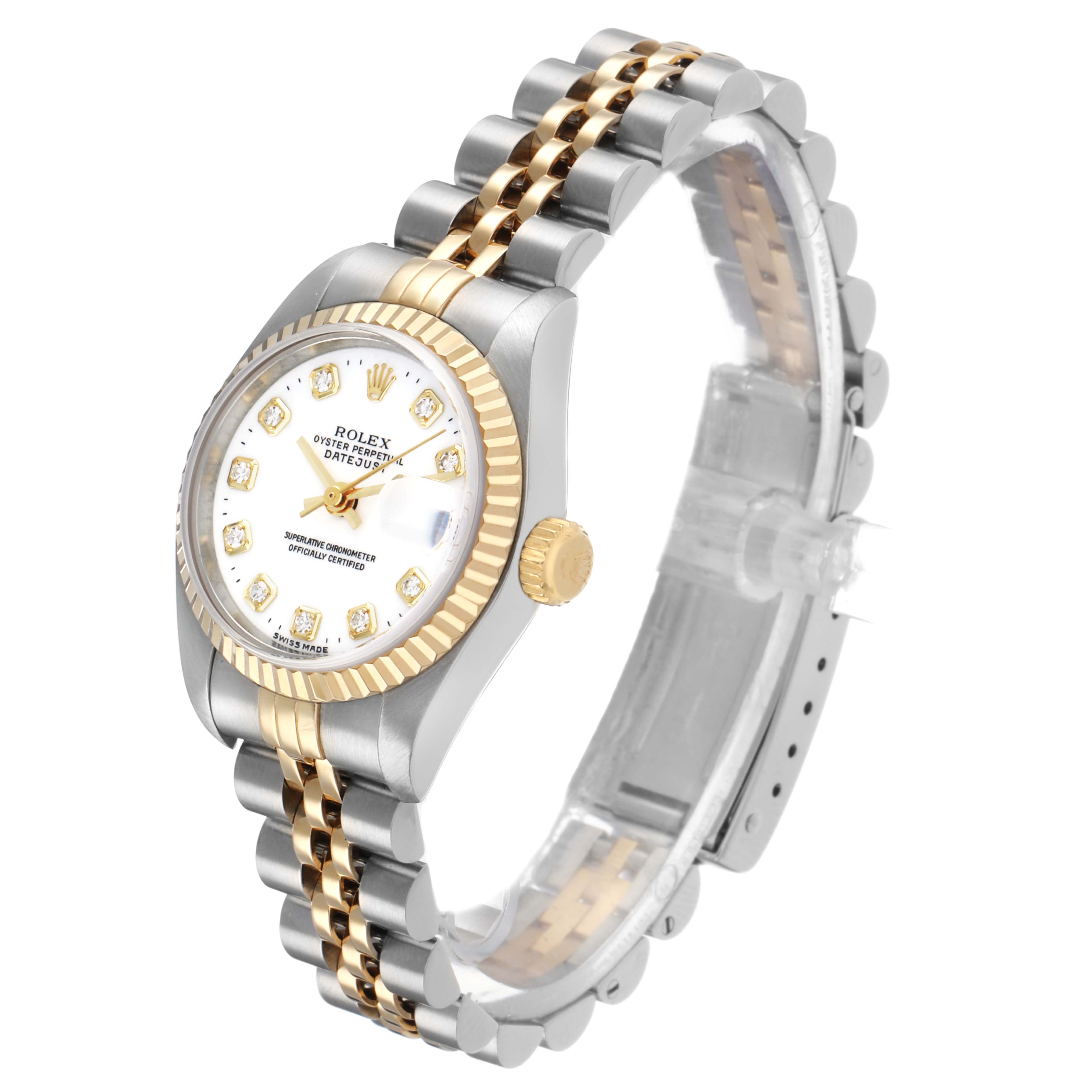 The Rolex Datejust 69173 Women's Steel and Gold (two tone) White Dial watch is shown at a three-quarter angle displaying the dial, bezel, crown, and part of the bracelet.