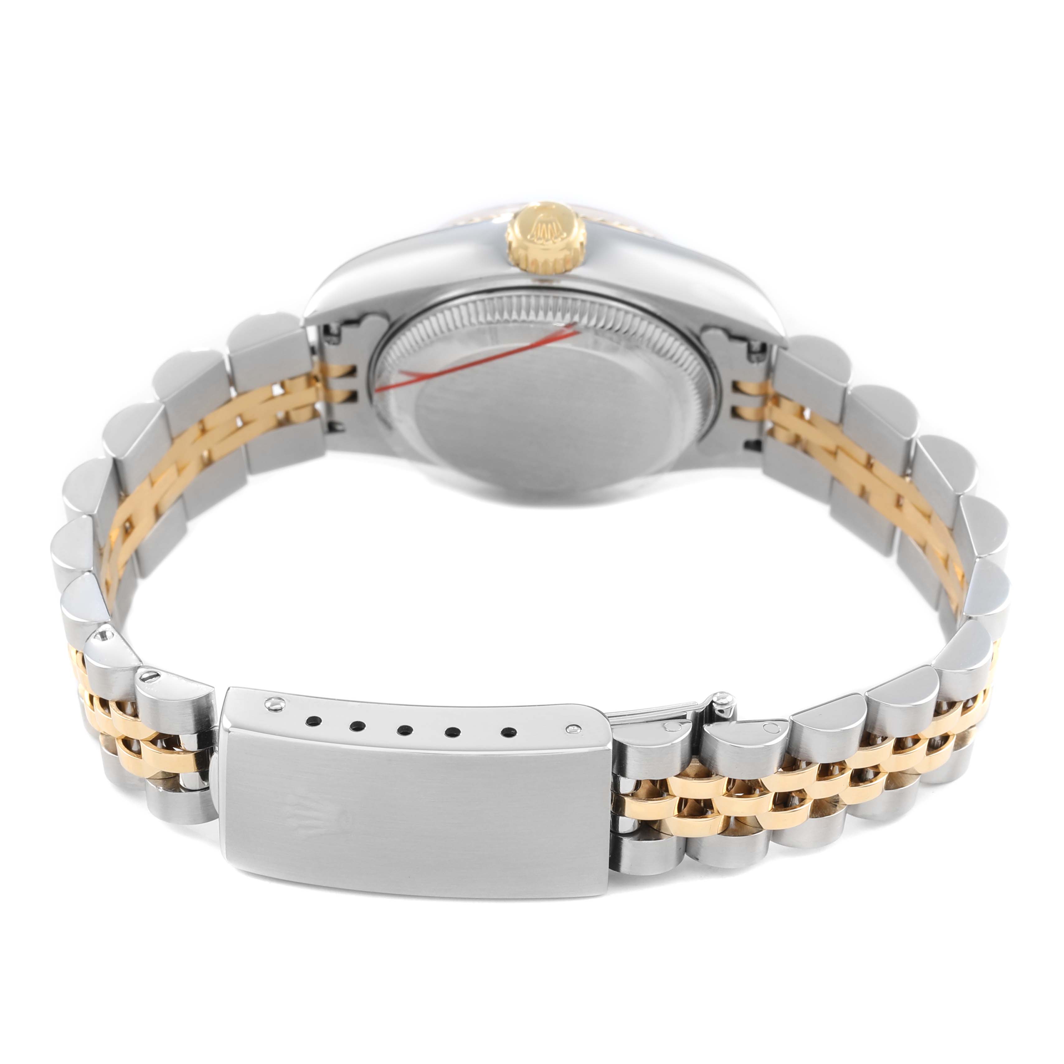 The Rolex Datejust 69173 Women's Steel and Gold (two tone) White Dial watch is shown from the back, highlighting its two-tone bracelet and clasp.